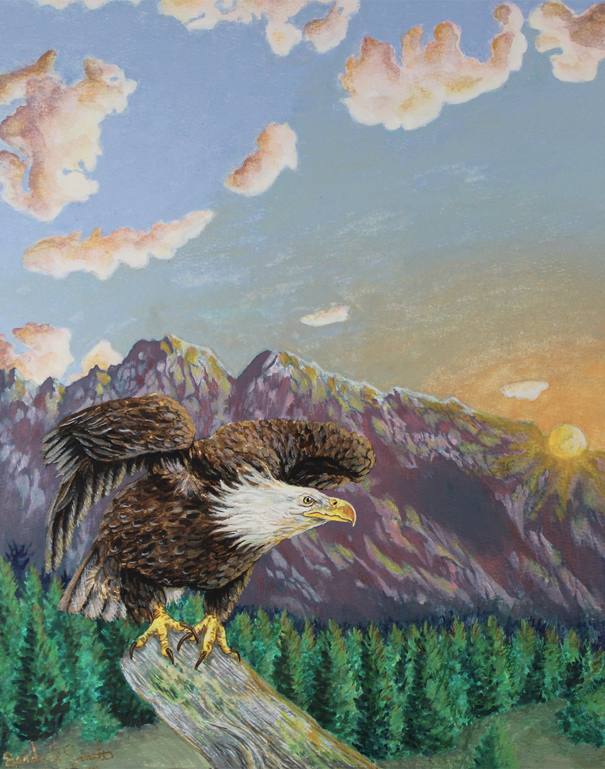 American Bald Eagle Decorative Sunrise Painting "Mountain's Majesty" Wall Art Prints By Sarah Webster Smith