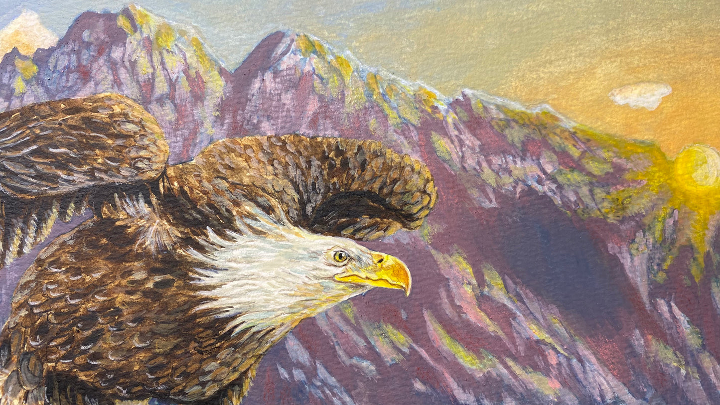 American Bald Eagle Decorative Sunrise Painting "Mountain's Majesty" Wall Art Prints By Sarah Webster Smith