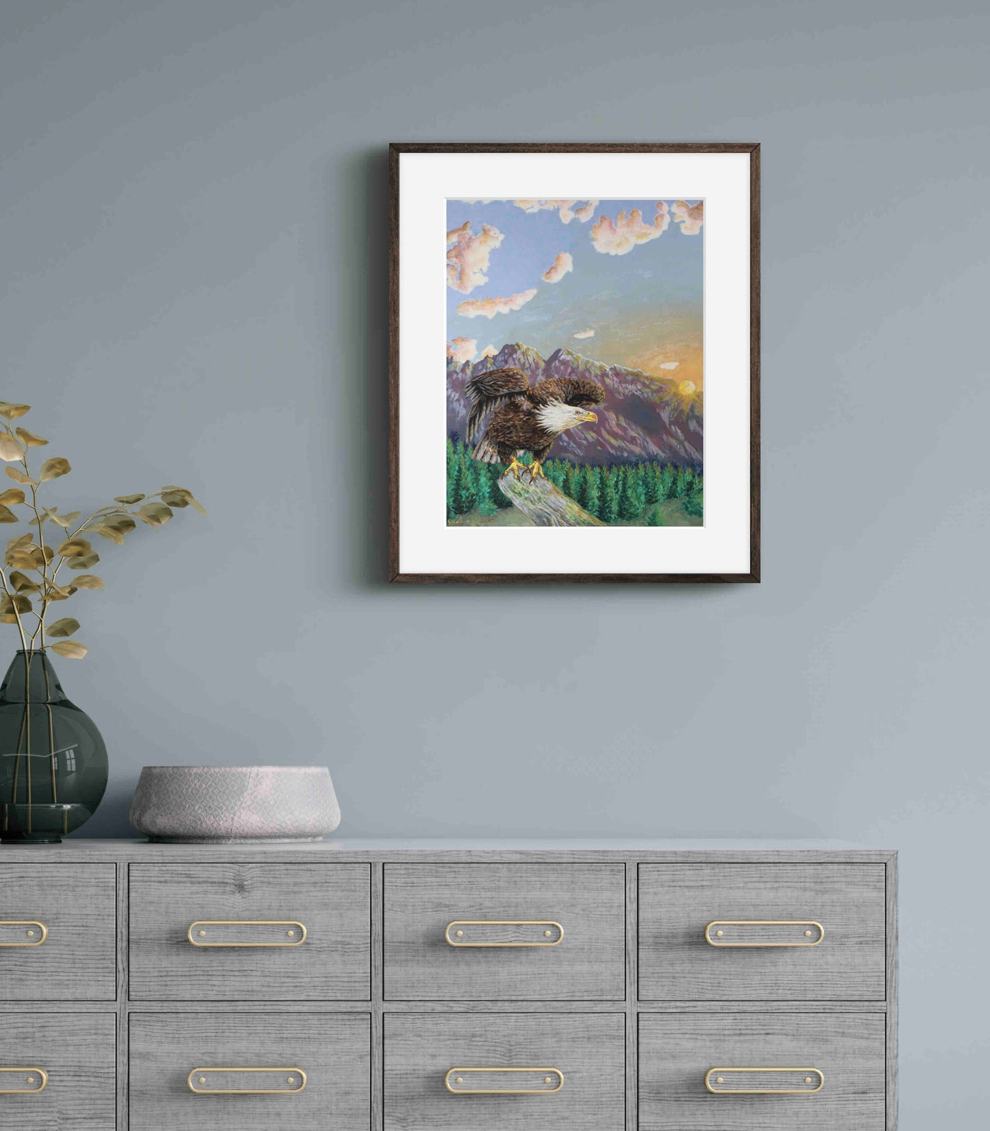 American Bald Eagle Decorative Sunrise Painting "Mountain's Majesty" Wall Art Prints By Sarah Webster Smith