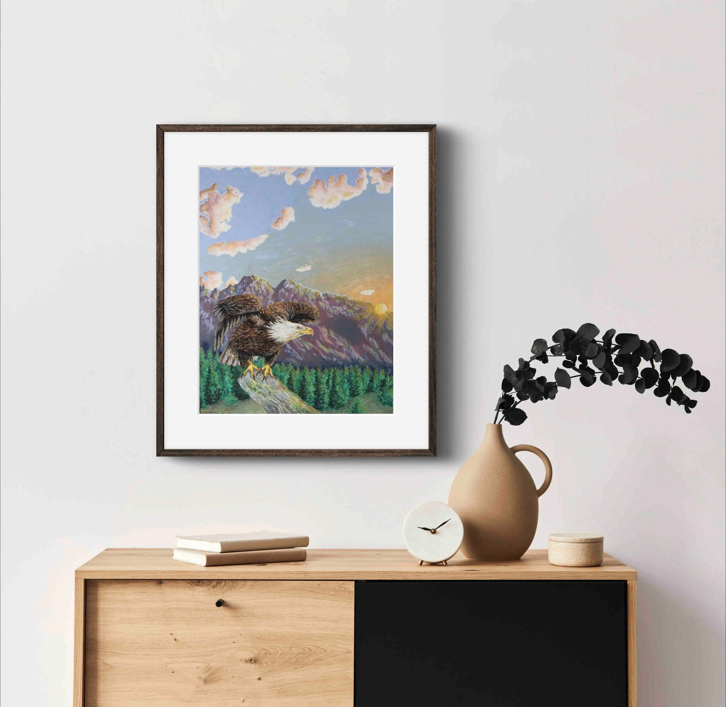 American Bald Eagle Decorative Sunrise Painting "Mountain's Majesty" Wall Art Prints By Sarah Webster Smith