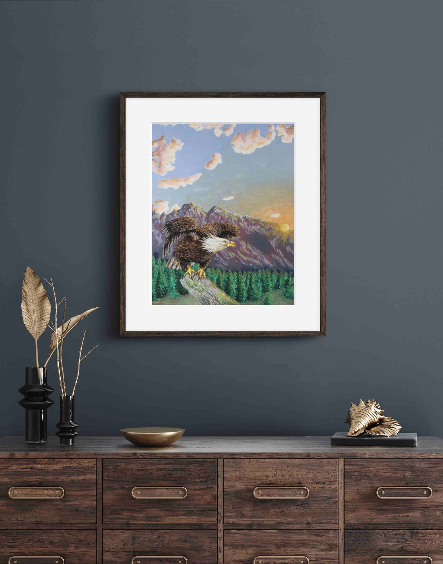 American Bald Eagle Decorative Sunrise Painting "Mountain's Majesty" Wall Art Prints By Sarah Webster Smith