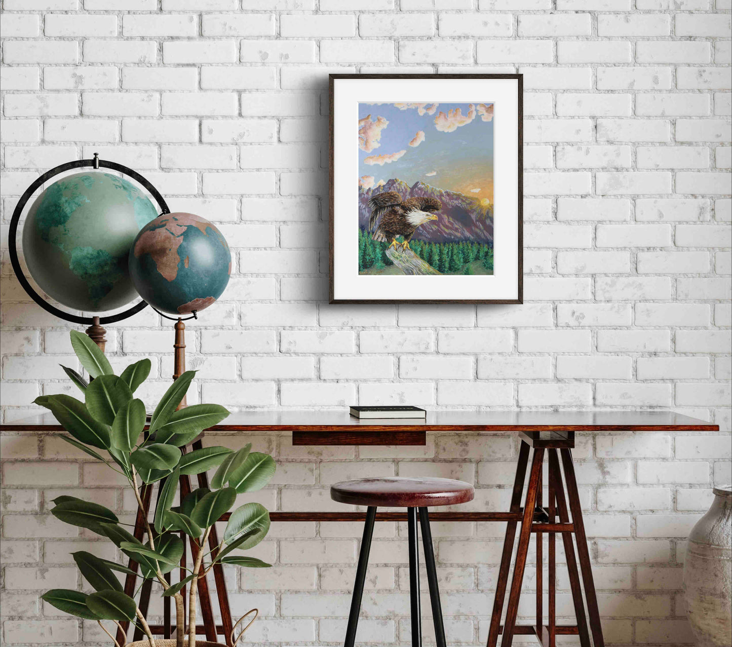 American Bald Eagle Decorative Sunrise Painting "Mountain's Majesty" Wall Art Prints By Sarah Webster Smith
