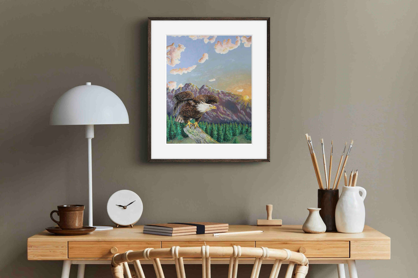 American Bald Eagle Decorative Sunrise Painting "Mountain's Majesty" Wall Art Prints By Sarah Webster Smith