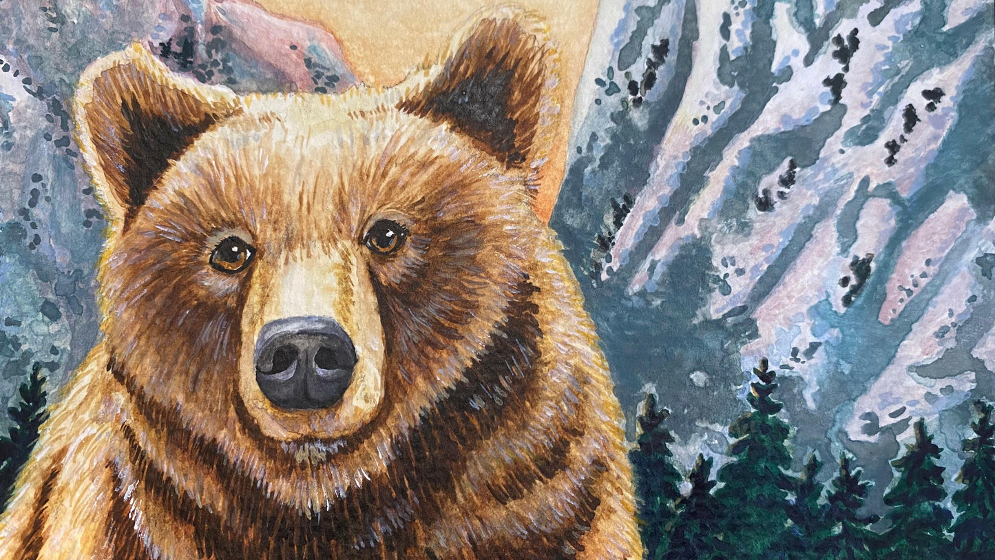 Grizzly Bear with Mountains Watercolor Painting Animal Art "Soulful Sentinel" Wall Art by Sarah Webster Smith LLC