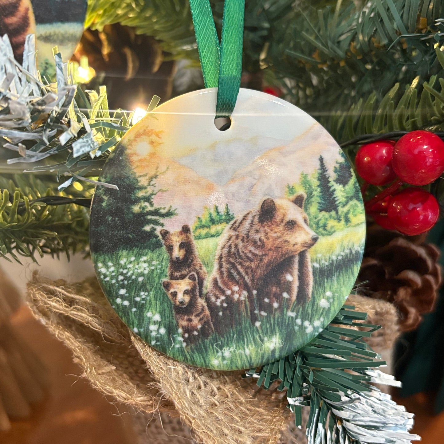 Momma Bear Christmas Tree Ornament & Holiday Decor Ceramic Ornament Watercolor Art from Sarah Webster Smith