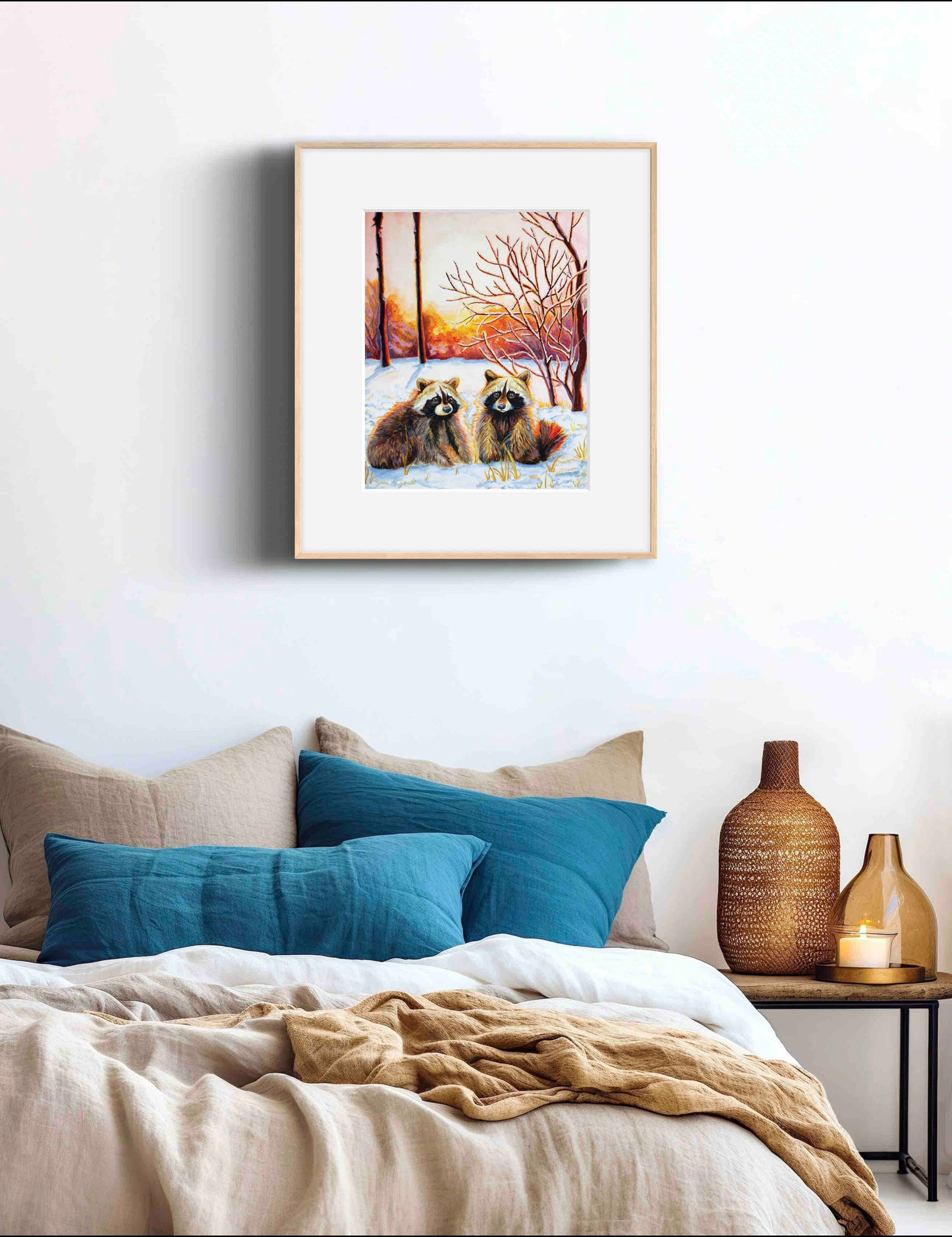 Raccoon Forest Sunrise Watercolor Painting Wall Art Decor "Sprightly Bandits" Art Prints by Sarah Webster Smith