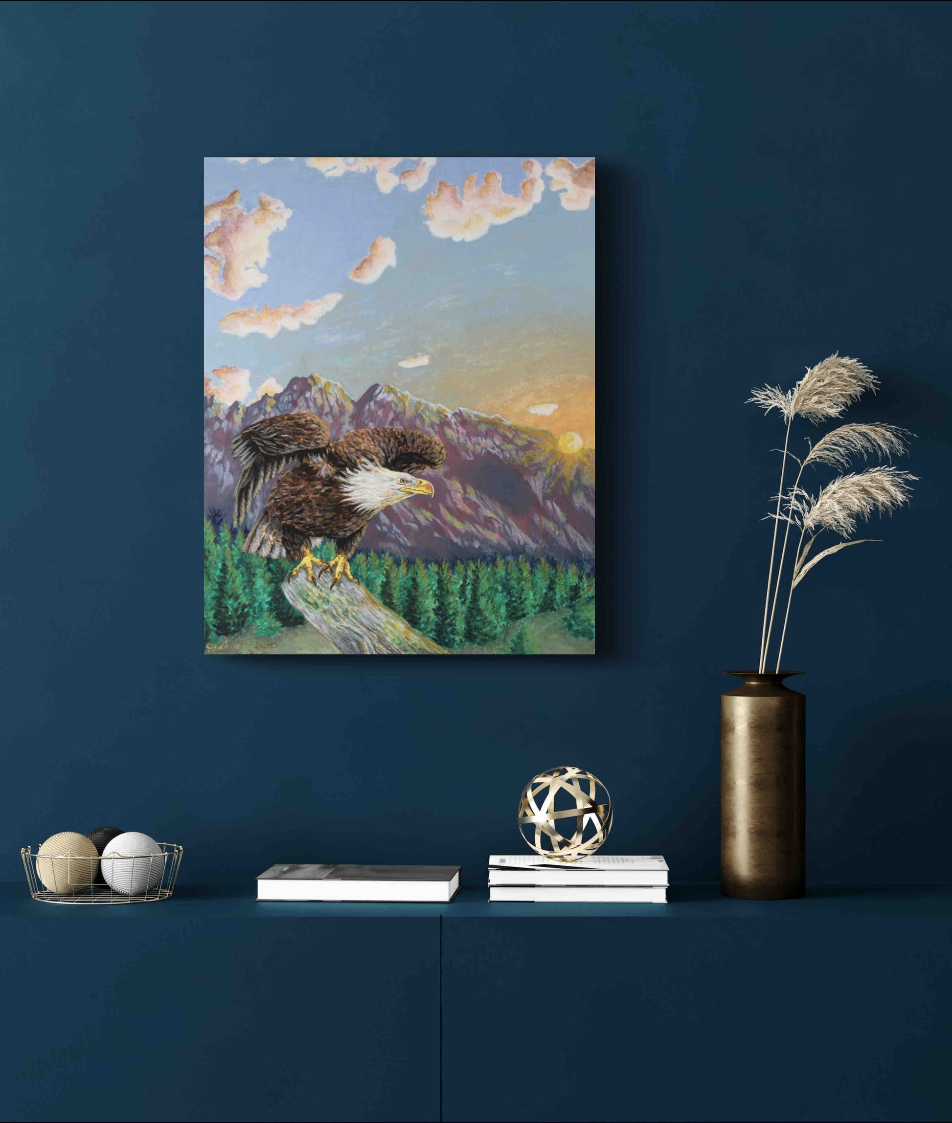 American Bald Eagle Decorative Sunrise Painting "Mountain's Majesty"  Original Watercolor Art By Sarah Webster Smith