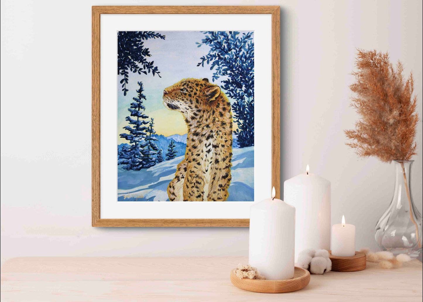 Snow Leopard Painting Morning Sun Mountains Watercolor "Warm Wisp" Wall Art Prints by Sarah Webster Smith