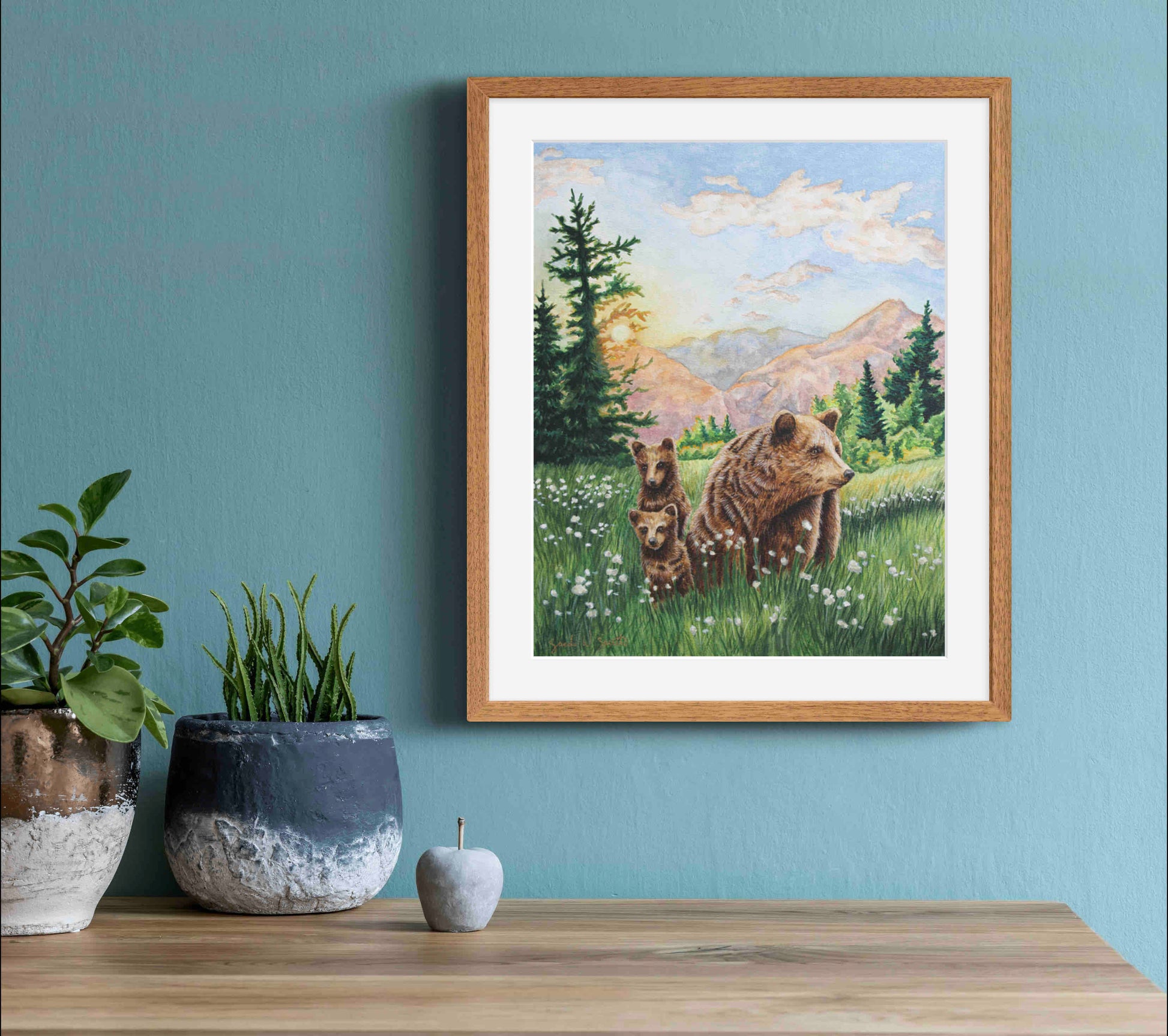 Grizzly Bear Animal Watercolor Meadow "Mountain Echoes" Wall Art Prints By Sarah Webster Smith