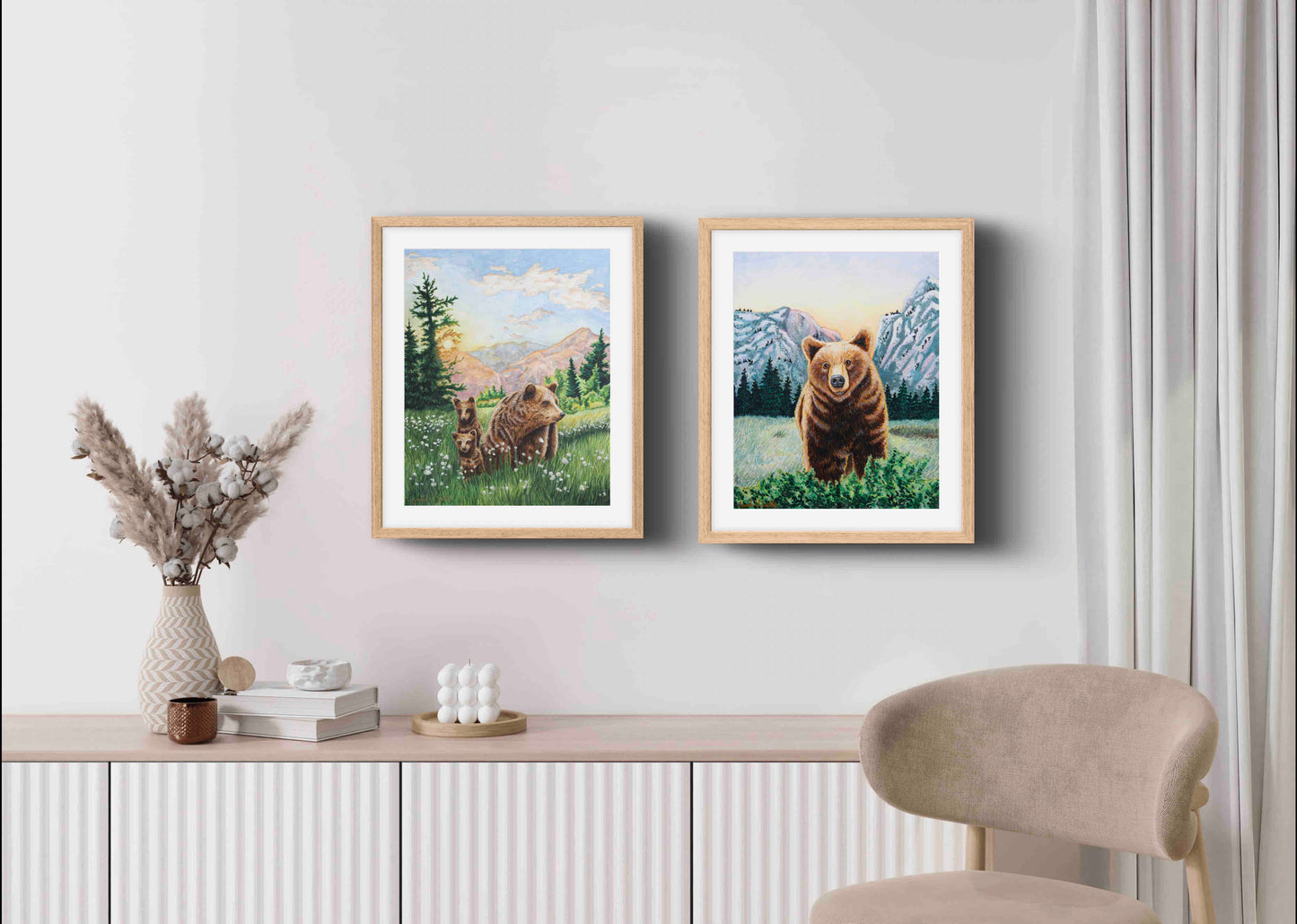 Grizzly Bear Animal Watercolor Meadow "Mountain Echoes" Wall Art Prints By Sarah Webster Smith