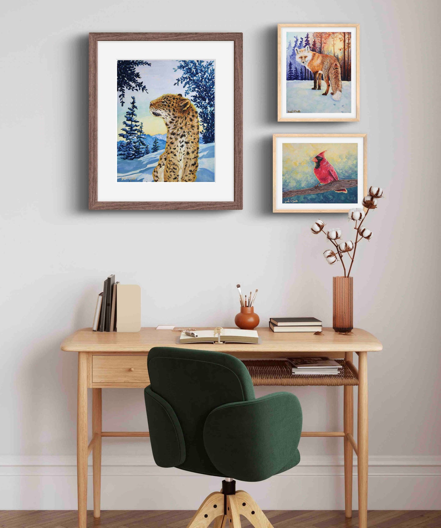 Snow Leopard Painting Morning Sun Mountains Watercolor "Warm Wisp" Wall Art Prints by Sarah Webster Smith