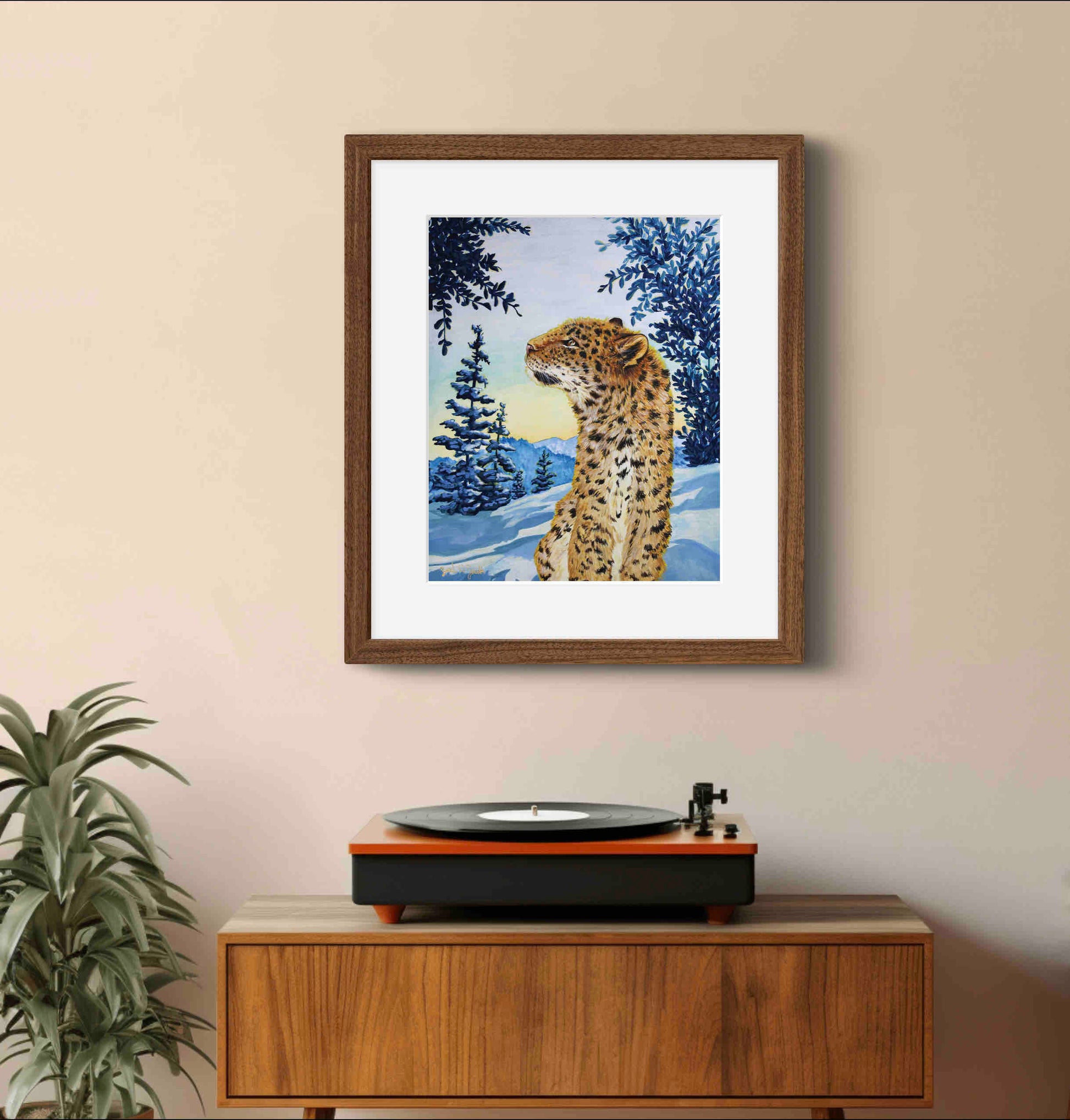 Snow Leopard Painting Morning Sun Mountains Watercolor "Warm Wisp" Wall Art Prints by Sarah Webster Smith