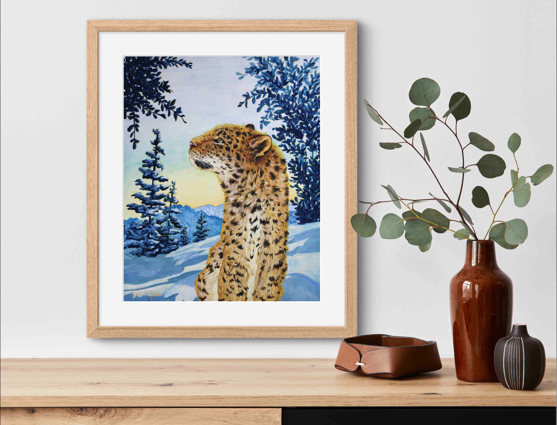 Snow Leopard Painting Morning Sun Mountains Watercolor "Warm Wisp" Wall Art Prints by Sarah Webster Smith