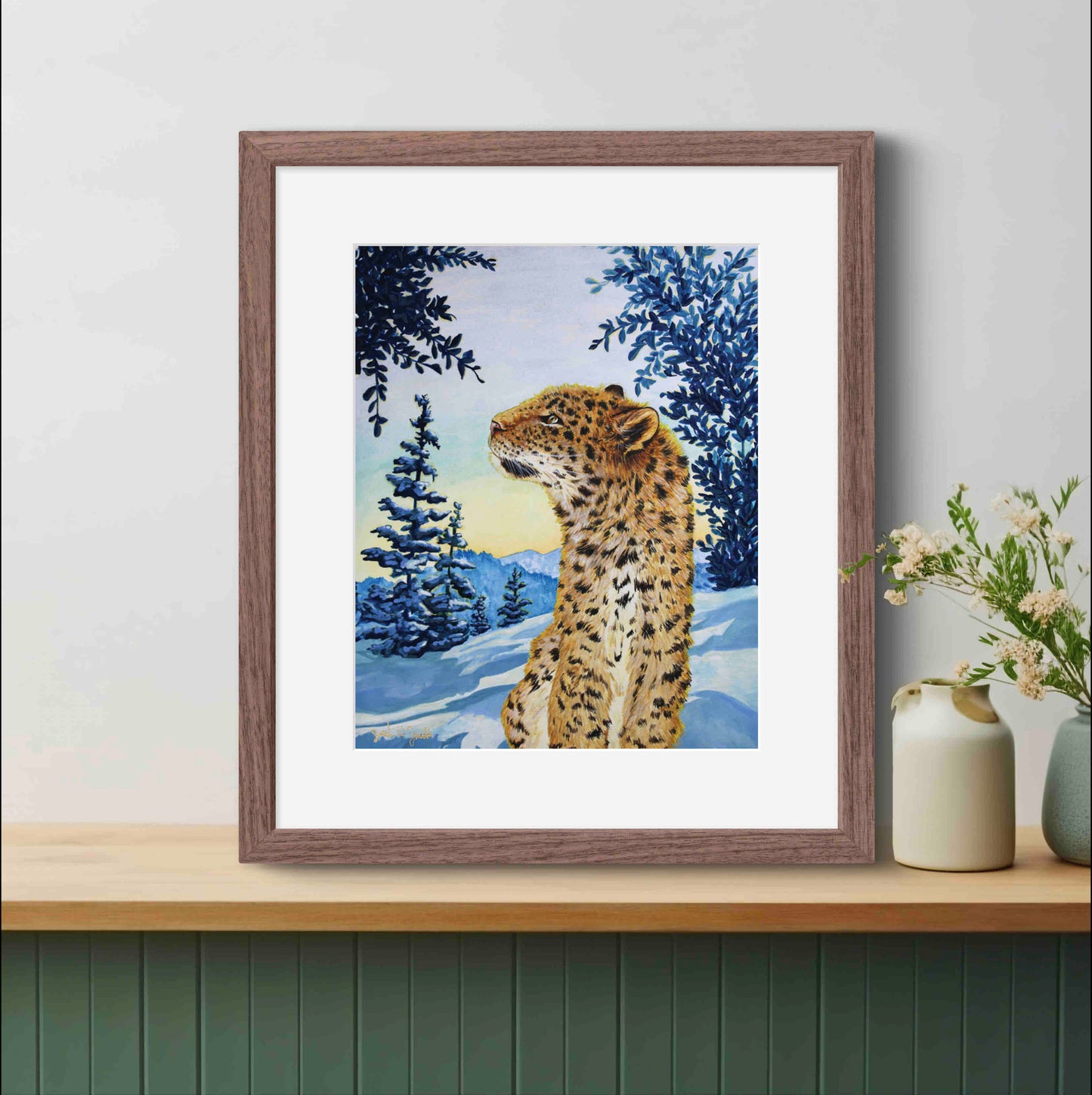 Snow Leopard Painting Morning Sun Mountains Watercolor "Warm Wisp" Wall Art Prints by Sarah Webster Smith