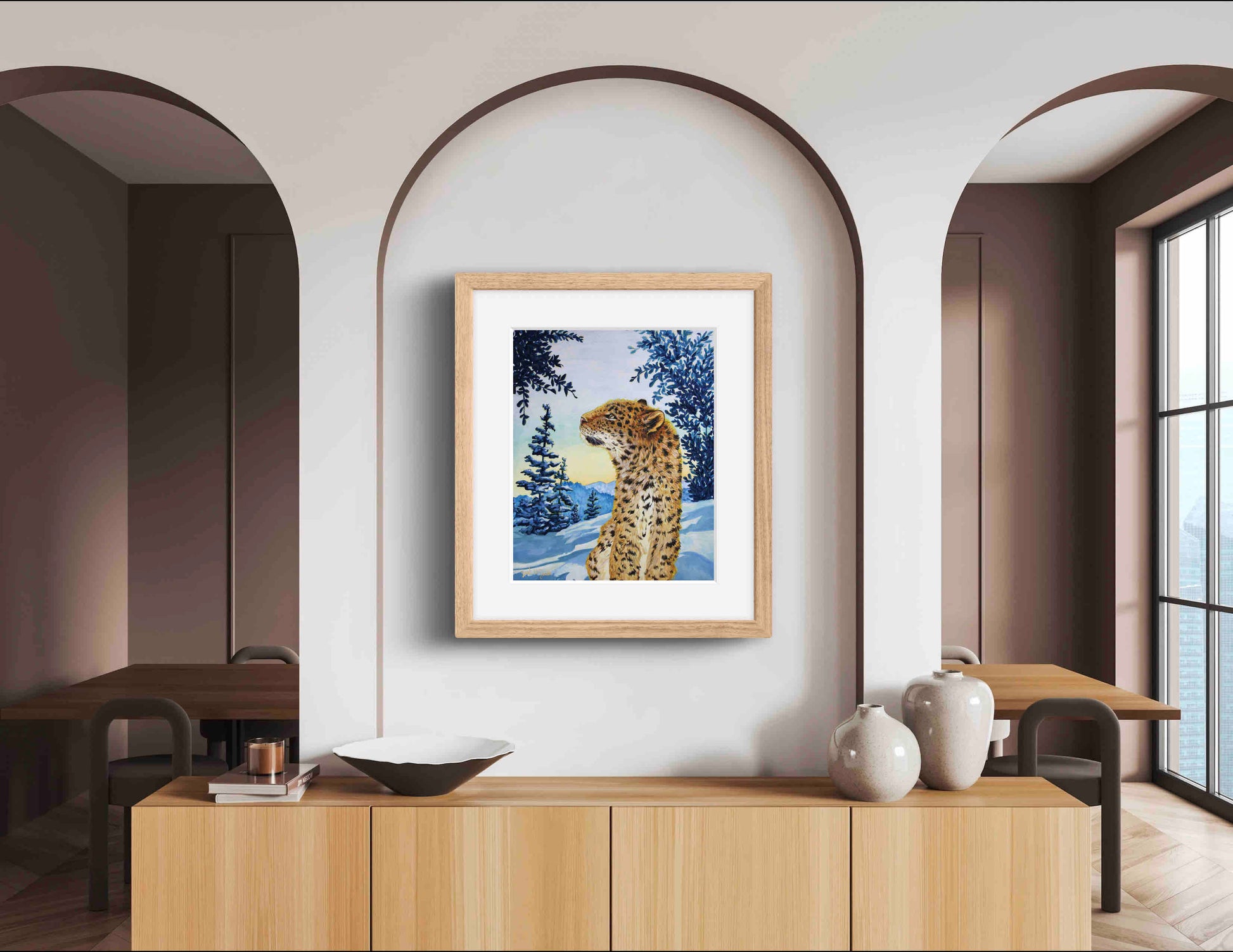 Snow Leopard Painting Morning Sun Mountains Watercolor "Warm Wisp" Wall Art Prints by Sarah Webster Smith