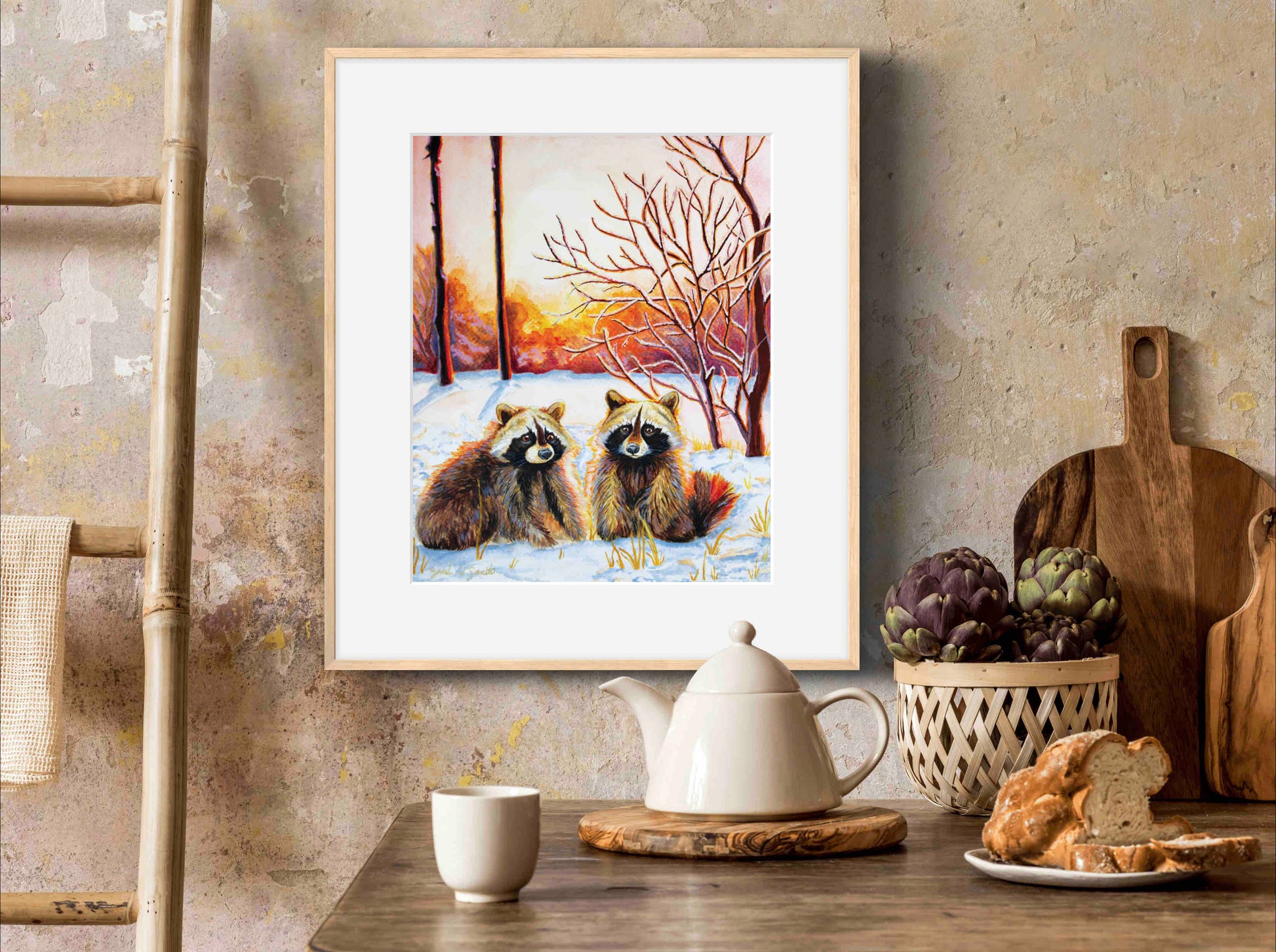 Raccoon Forest Sunrise Watercolor Painting Wall Art Decor "Sprightly Bandits" Art Prints by Sarah Webster Smith