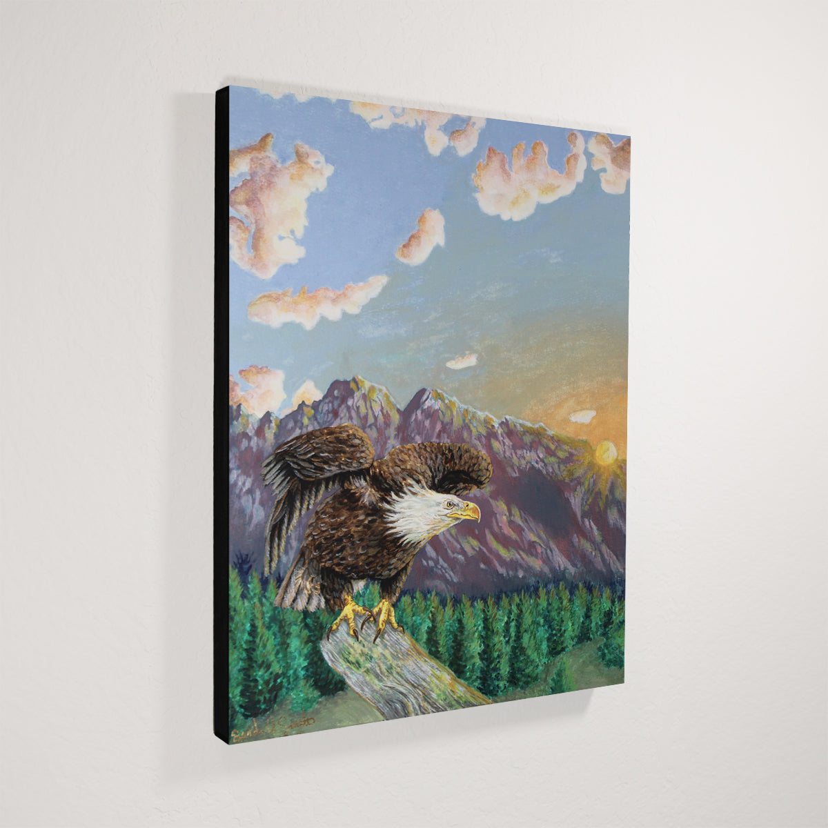 American Bald Eagle Decorative Sunrise Painting "Mountain's Majesty"  Original Watercolor Art By Sarah Webster Smith