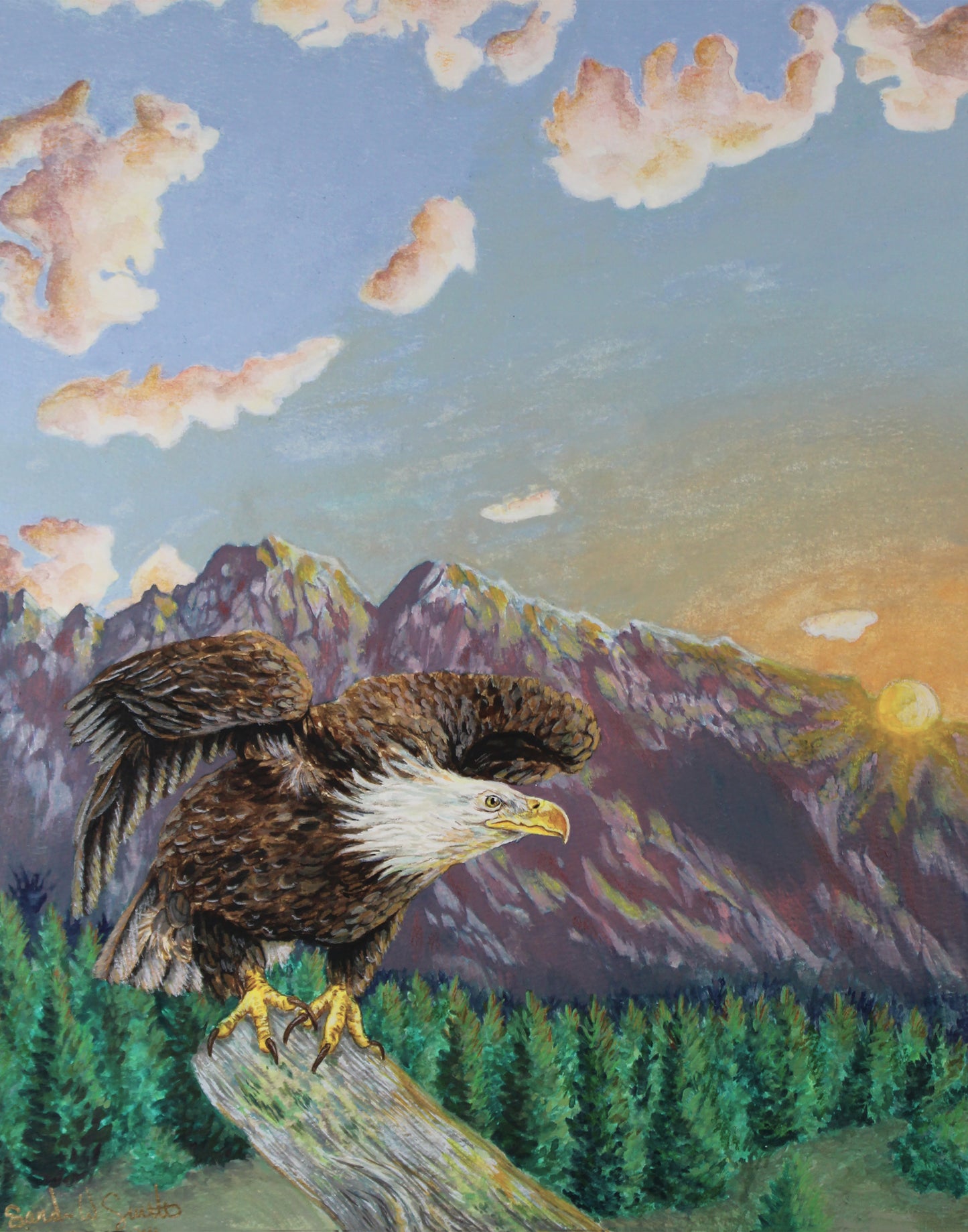 American Bald Eagle Decorative Sunrise Painting "Mountain's Majesty"  Original Watercolor Art By Sarah Webster Smith