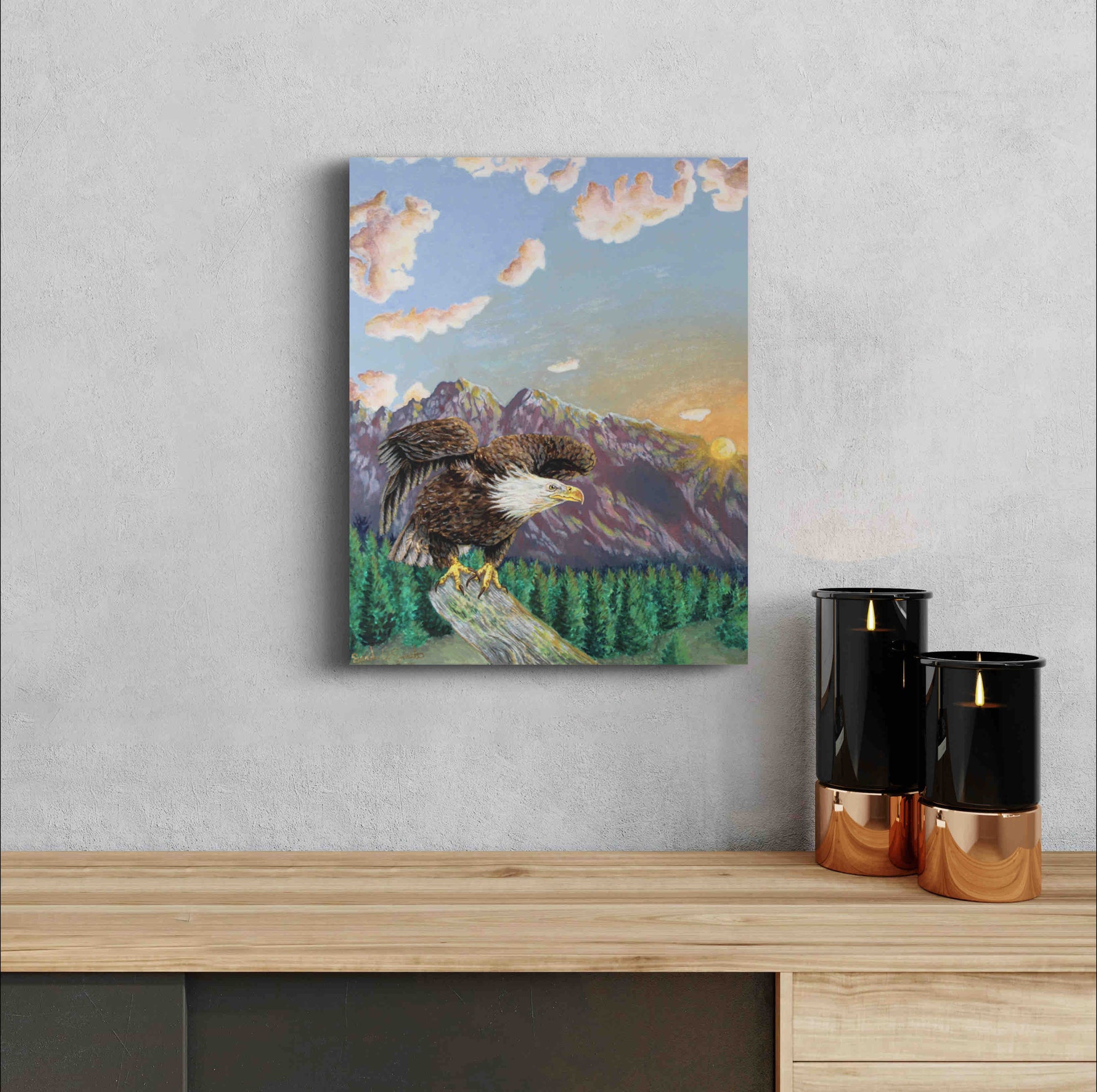 American Bald Eagle Decorative Sunrise Painting "Mountain's Majesty"  Original Watercolor Art By Sarah Webster Smith