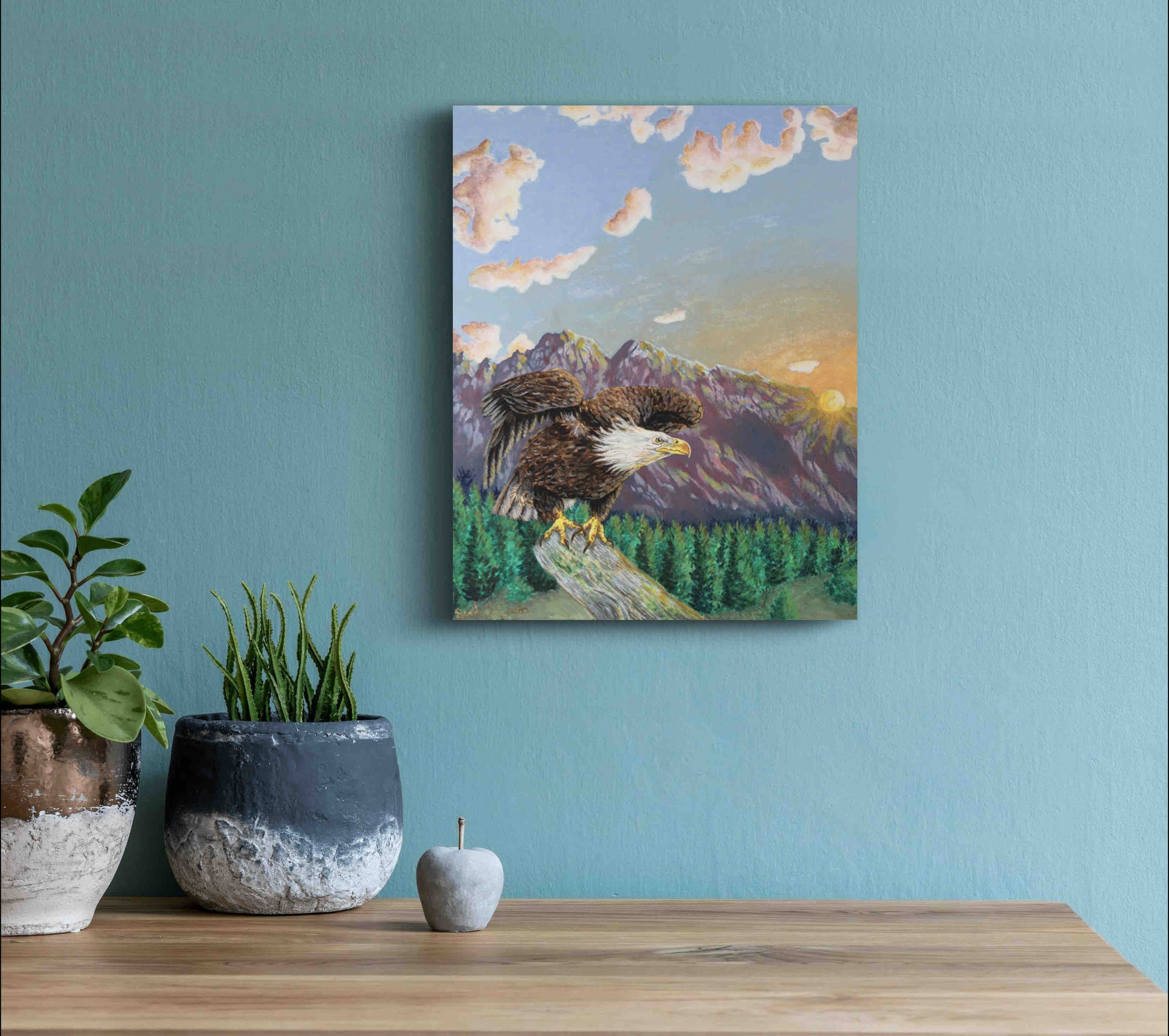 American Bald Eagle Decorative Sunrise Painting "Mountain's Majesty"  Original Watercolor Art By Sarah Webster Smith