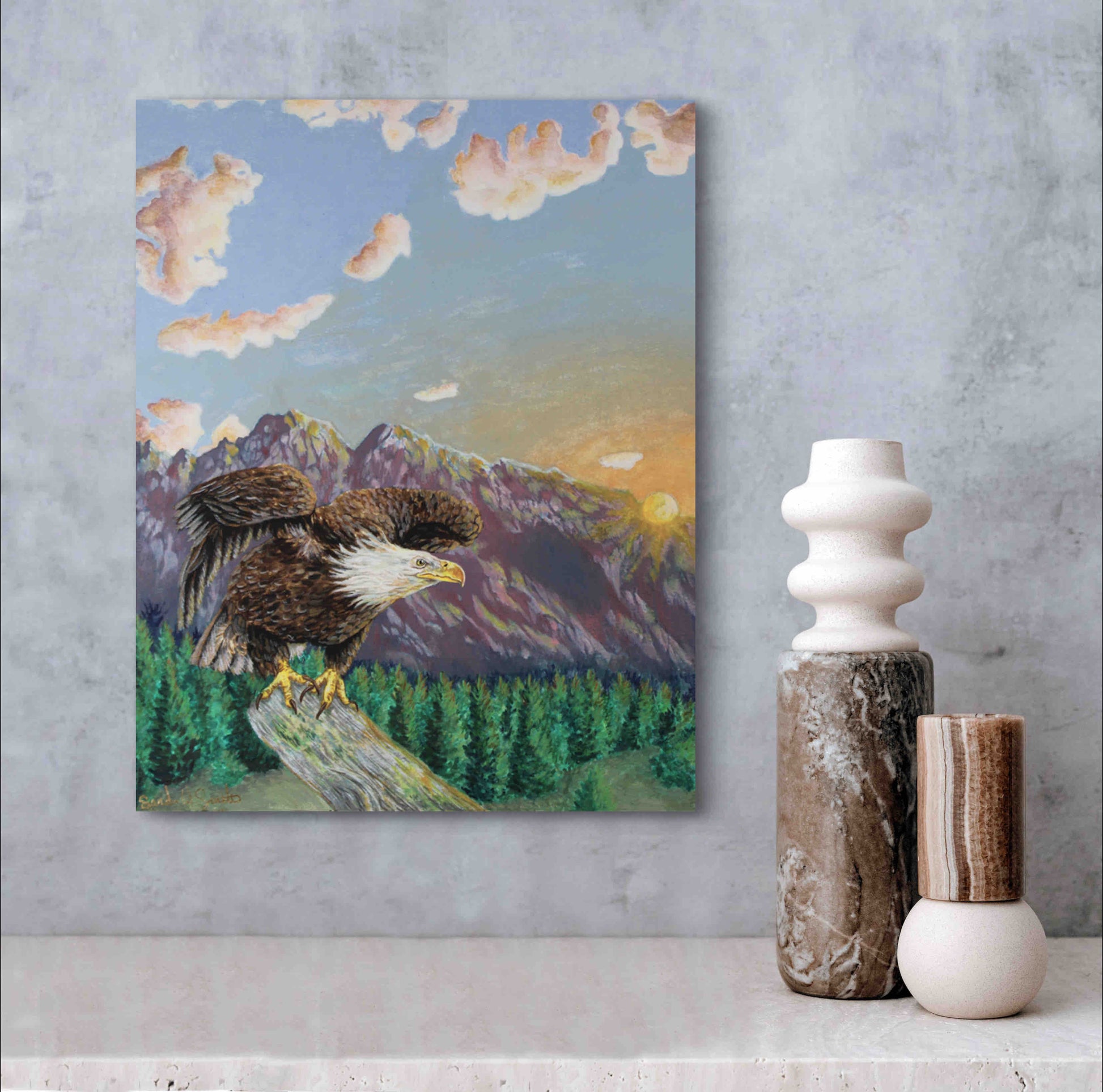 American Bald Eagle Decorative Sunrise Painting "Mountain's Majesty"  Original Watercolor Art By Sarah Webster Smith