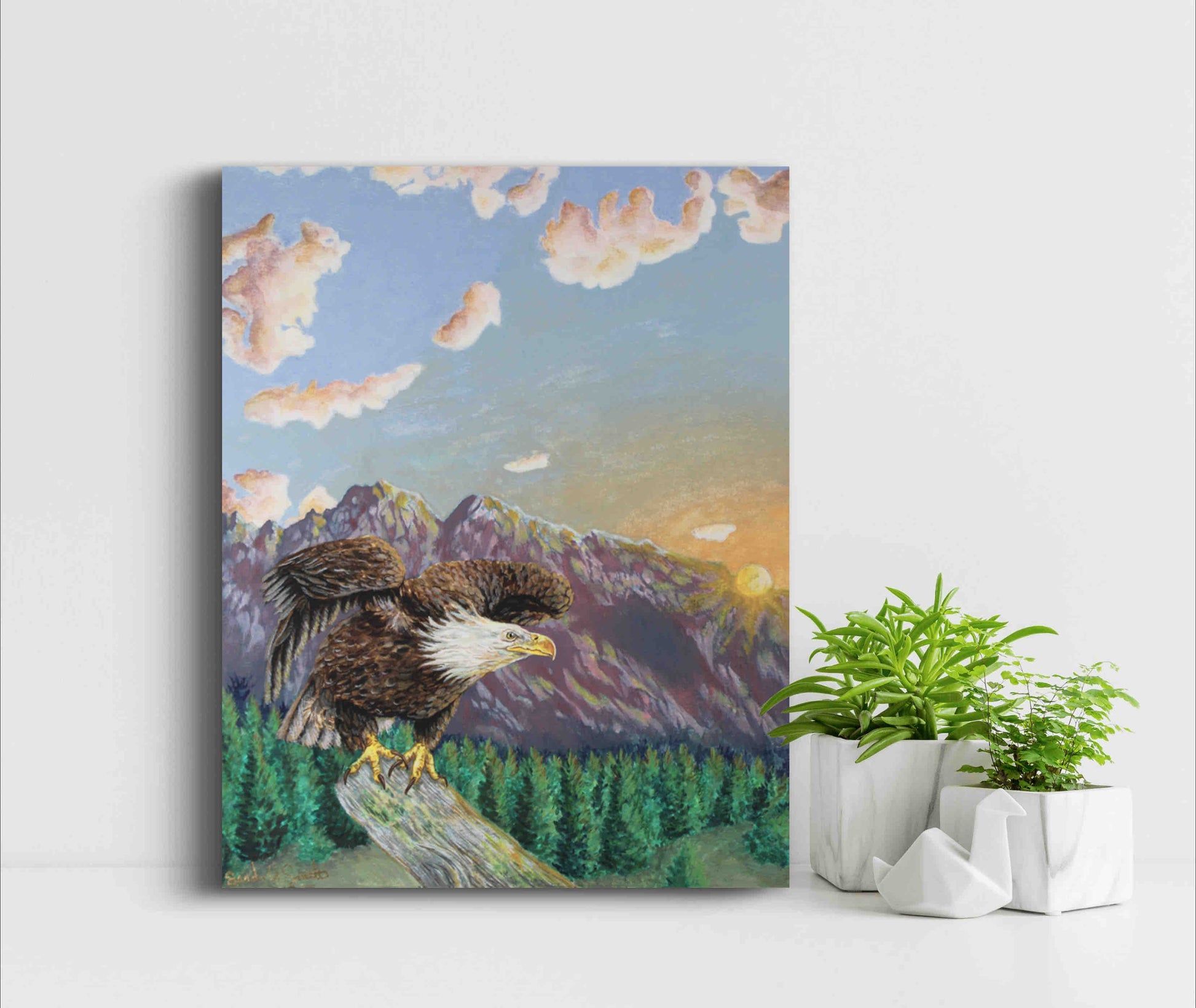 American Bald Eagle Decorative Sunrise Painting "Mountain's Majesty"  Original Watercolor Art By Sarah Webster Smith