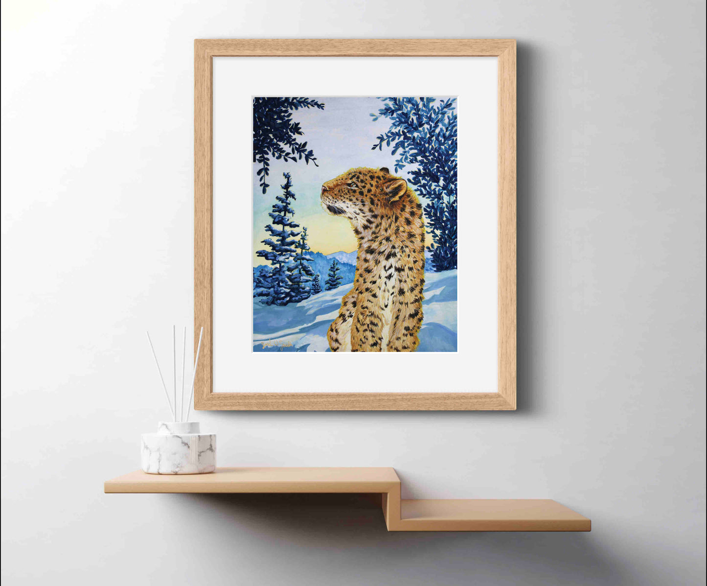 Snow Leopard Painting Morning Sun Mountains Watercolor "Warm Wisp" Wall Art Prints by Sarah Webster Smith