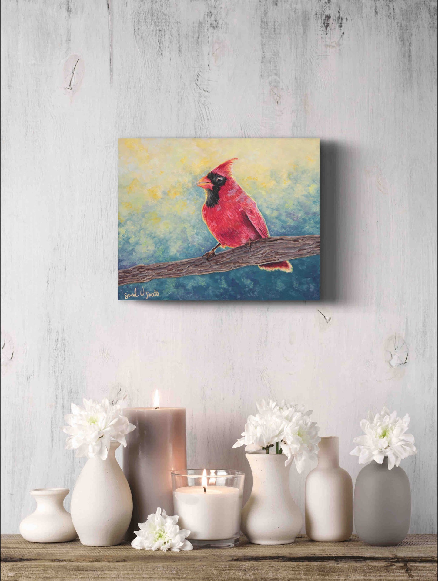 Cardinal Watercolor Painting Little Forest Bird Original Art Pine Tree Woodland Wall Art by Sarah Webster Smith