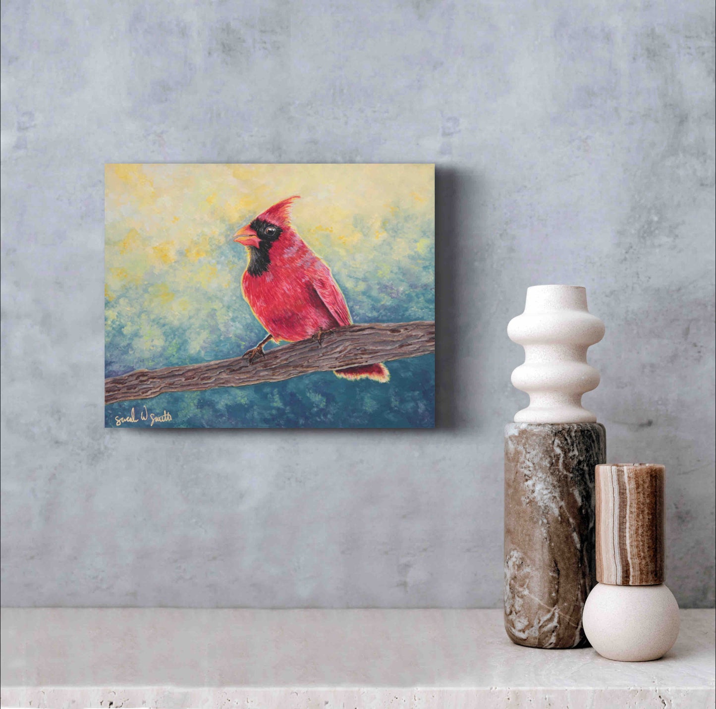 Cardinal Watercolor Painting Little Forest Bird Original Art Pine Tree Woodland Wall Art by Sarah Webster Smith