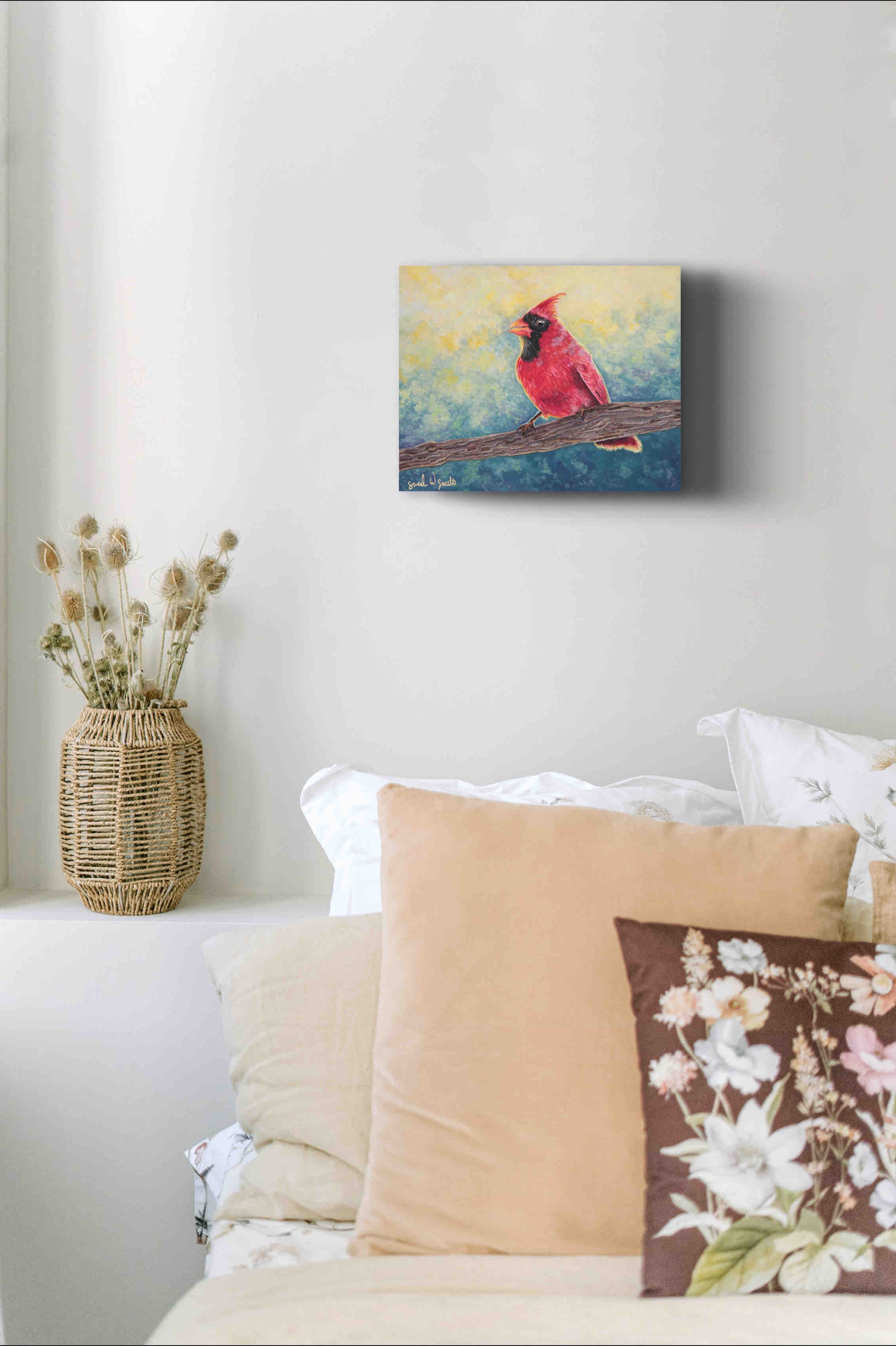 Cardinal Watercolor Painting Little Forest Bird Original Art Pine Tree Woodland Wall Art by Sarah Webster Smith