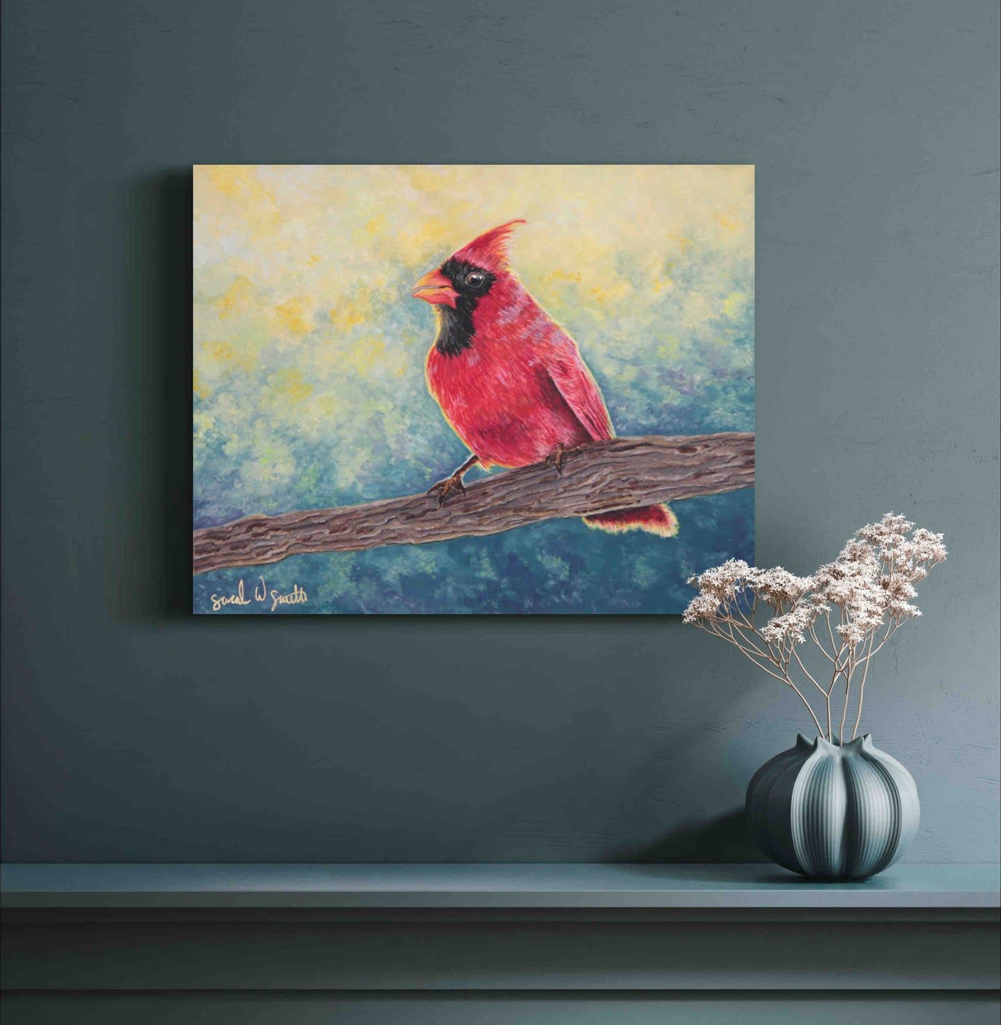 Cardinal Watercolor Painting Little Forest Bird Original Art Pine Tree Woodland Wall Art by Sarah Webster Smith