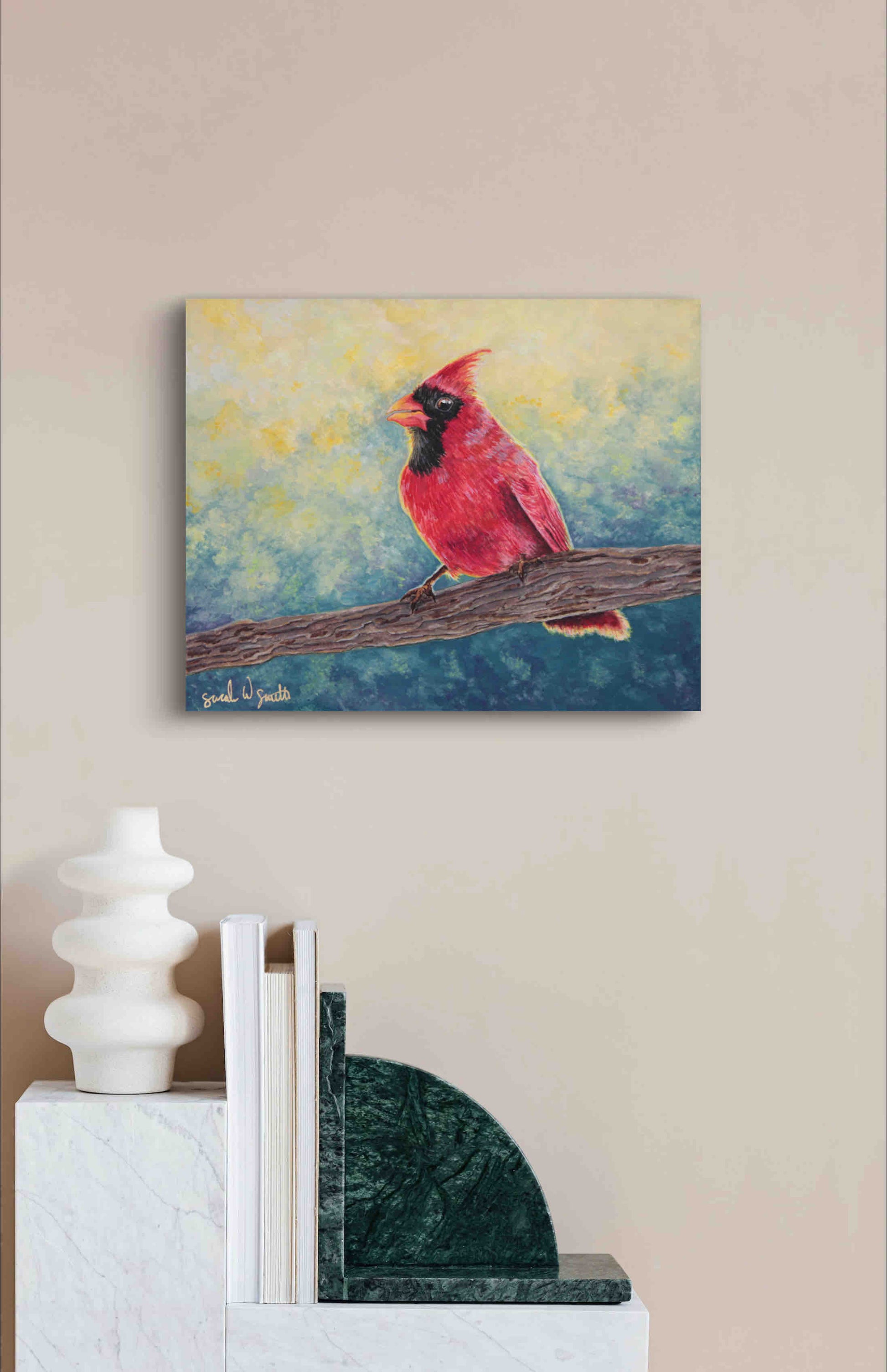 Cardinal Watercolor Painting Little Forest Bird Original Art Pine Tree Woodland Wall Art by Sarah Webster Smith