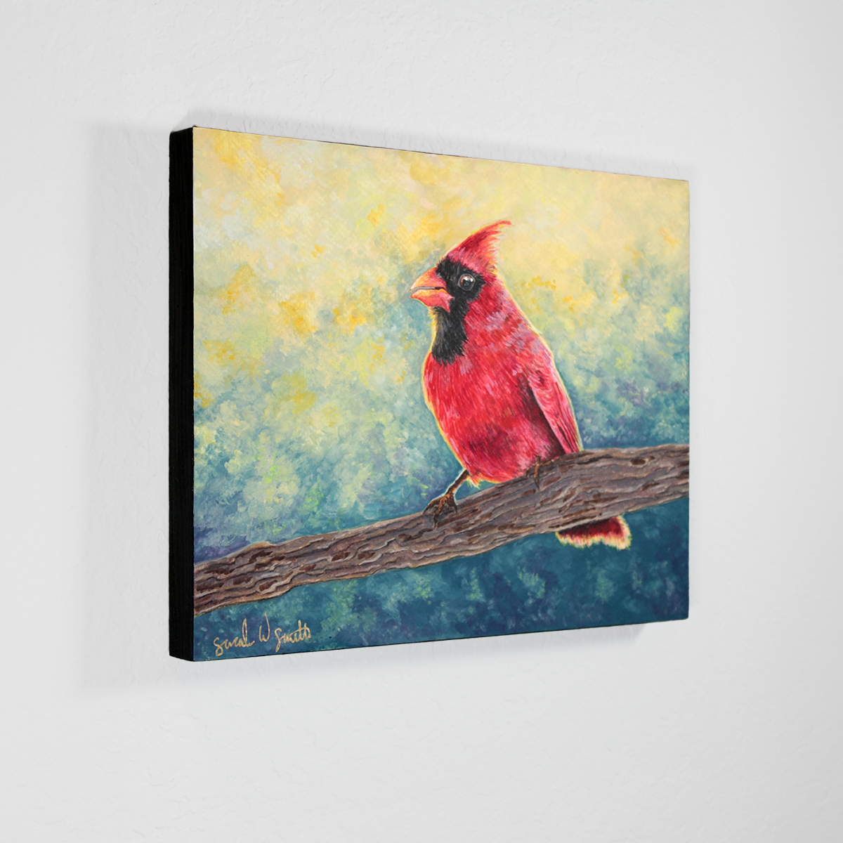 Cardinal Watercolor Painting Little Forest Bird Original Art Pine Tree Woodland Wall Art by Sarah Webster Smith