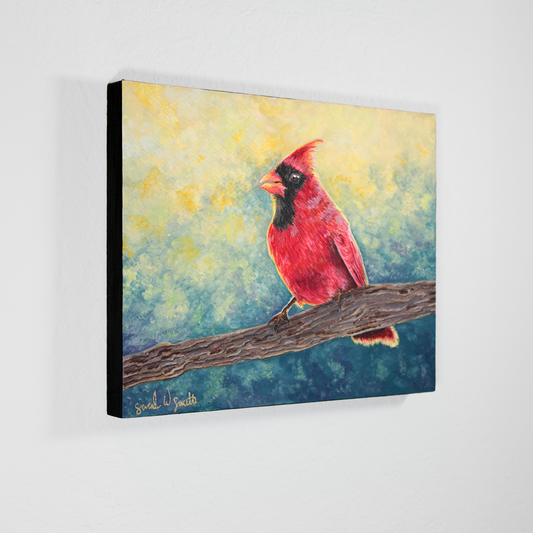 Cardinal Watercolor Painting Little Forest Bird Original Art Pine Tree Woodland Wall Art by Sarah Webster Smith