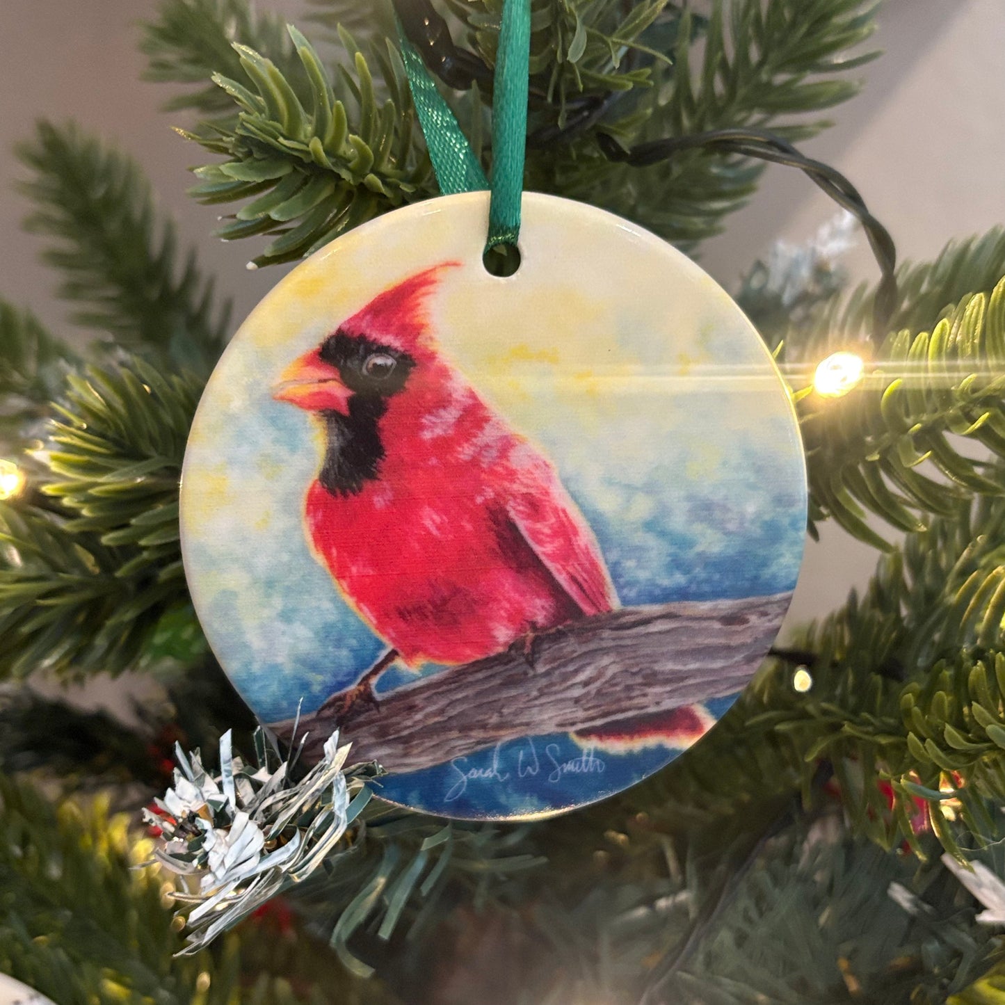 Cardinal Christmas Tree Ornament & Holiday Decor Ceramic Ornament Watercolor Art from Sarah Webster Smith