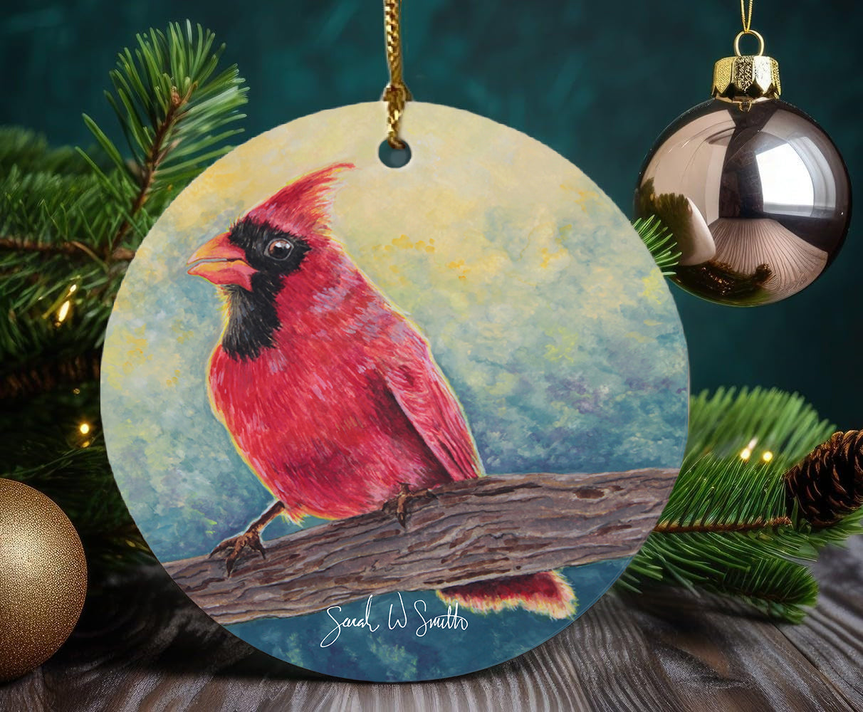 Cardinal Christmas Tree Ornament & Holiday Decor Ceramic Ornament Watercolor Art from Sarah Webster Smith