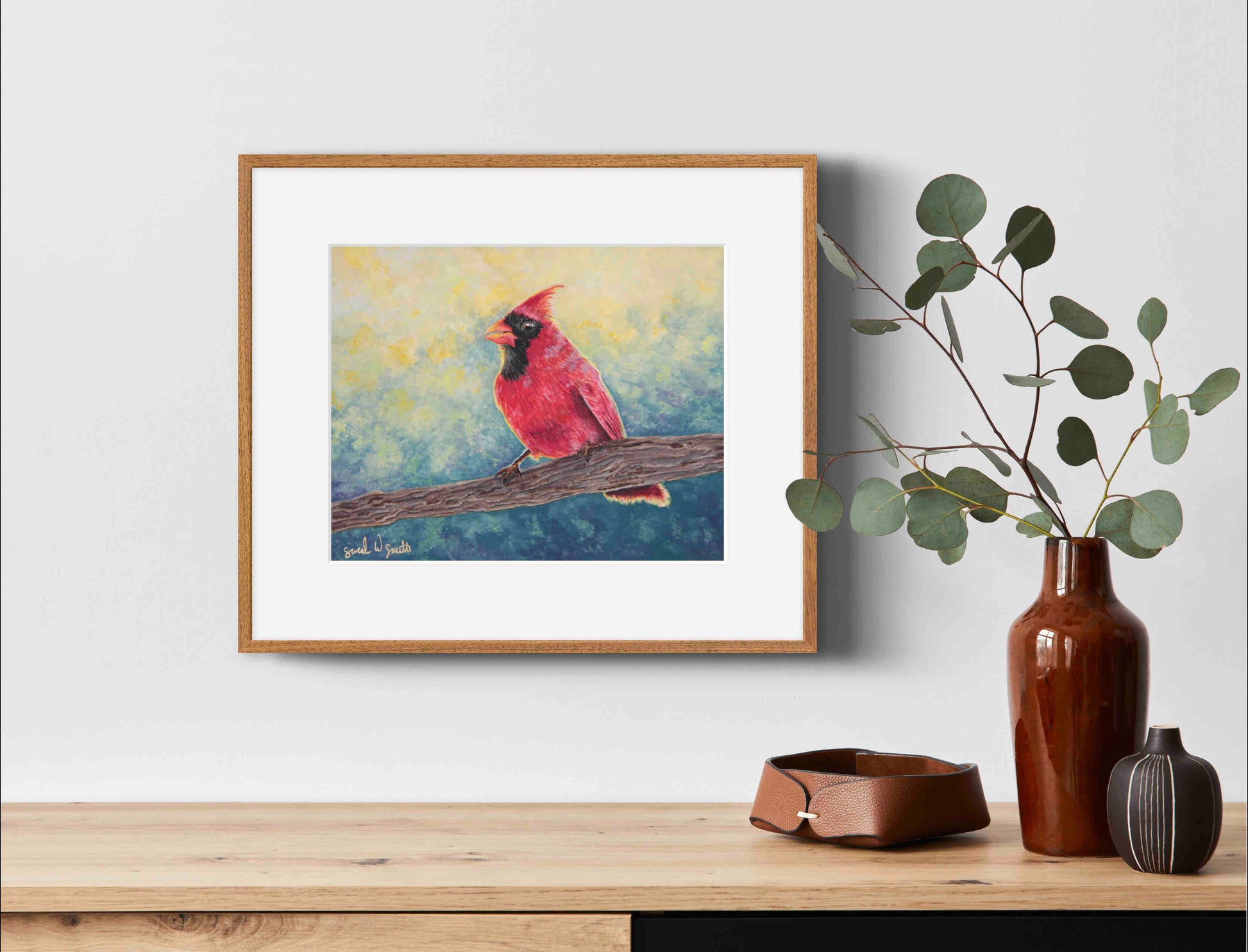 Cardinal Watercolor Painting Little Forest Bird Art Print Pine Tree Woodland Wall Art by Sarah Webster Smith