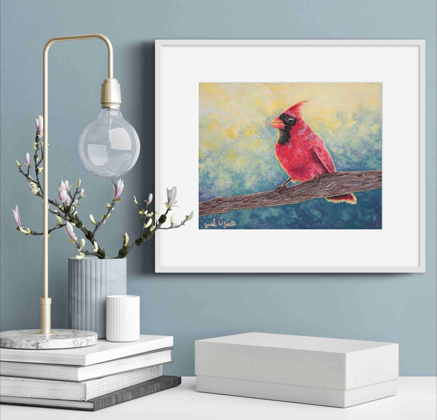 Cardinal Watercolor Painting Little Forest Bird Art Print Pine Tree Woodland Wall Art by Sarah Webster Smith