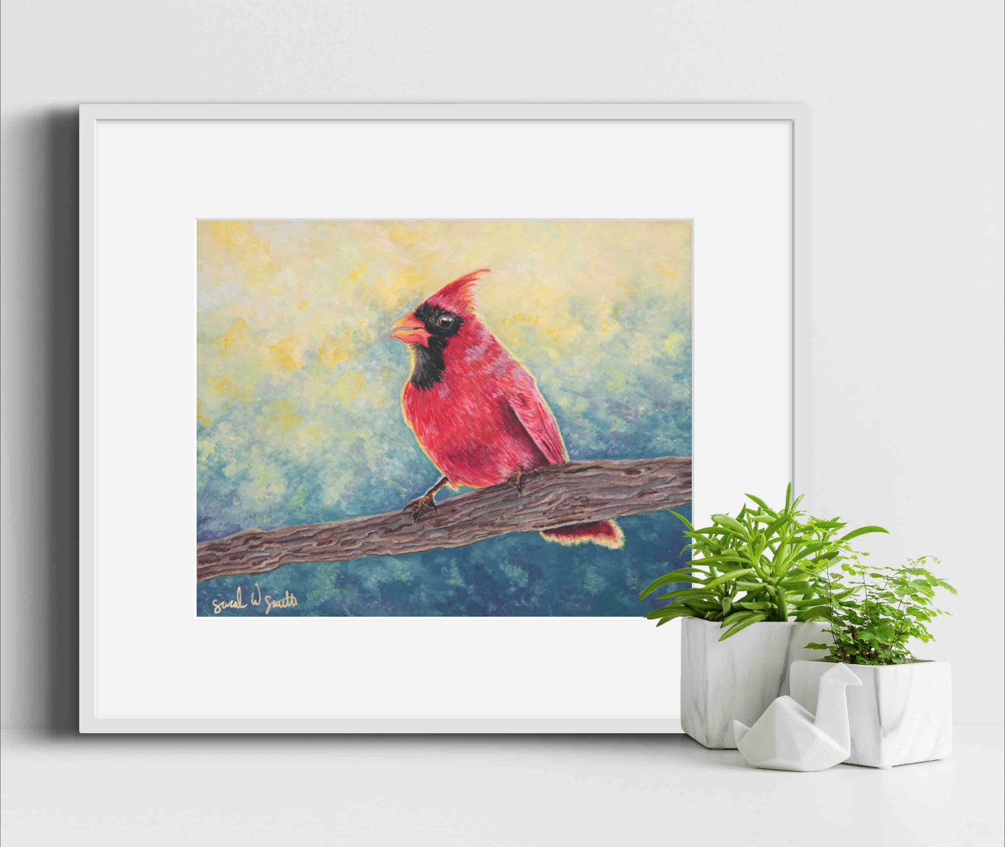 Cardinal Watercolor Painting Little Forest Bird Art Print Pine Tree Woodland Wall Art by Sarah Webster Smith