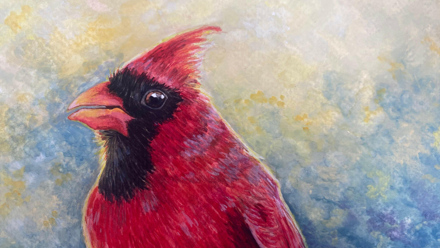 Cardinal Watercolor Painting Little Forest Bird Original Art Pine Tree Woodland Wall Art by Sarah Webster Smith