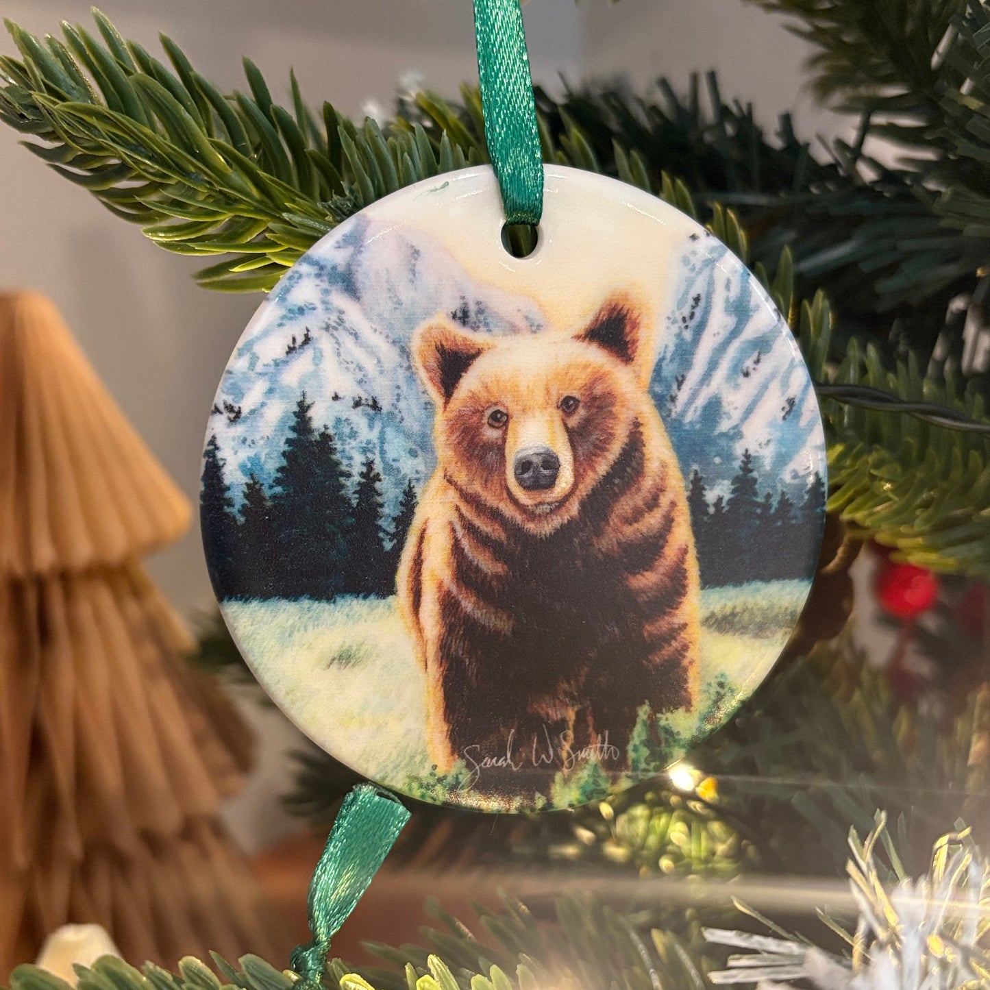 Bear Christmas Tree Ornament & Holiday Decor Ceramic Ornament Watercolor Art from Sarah Webster Smith