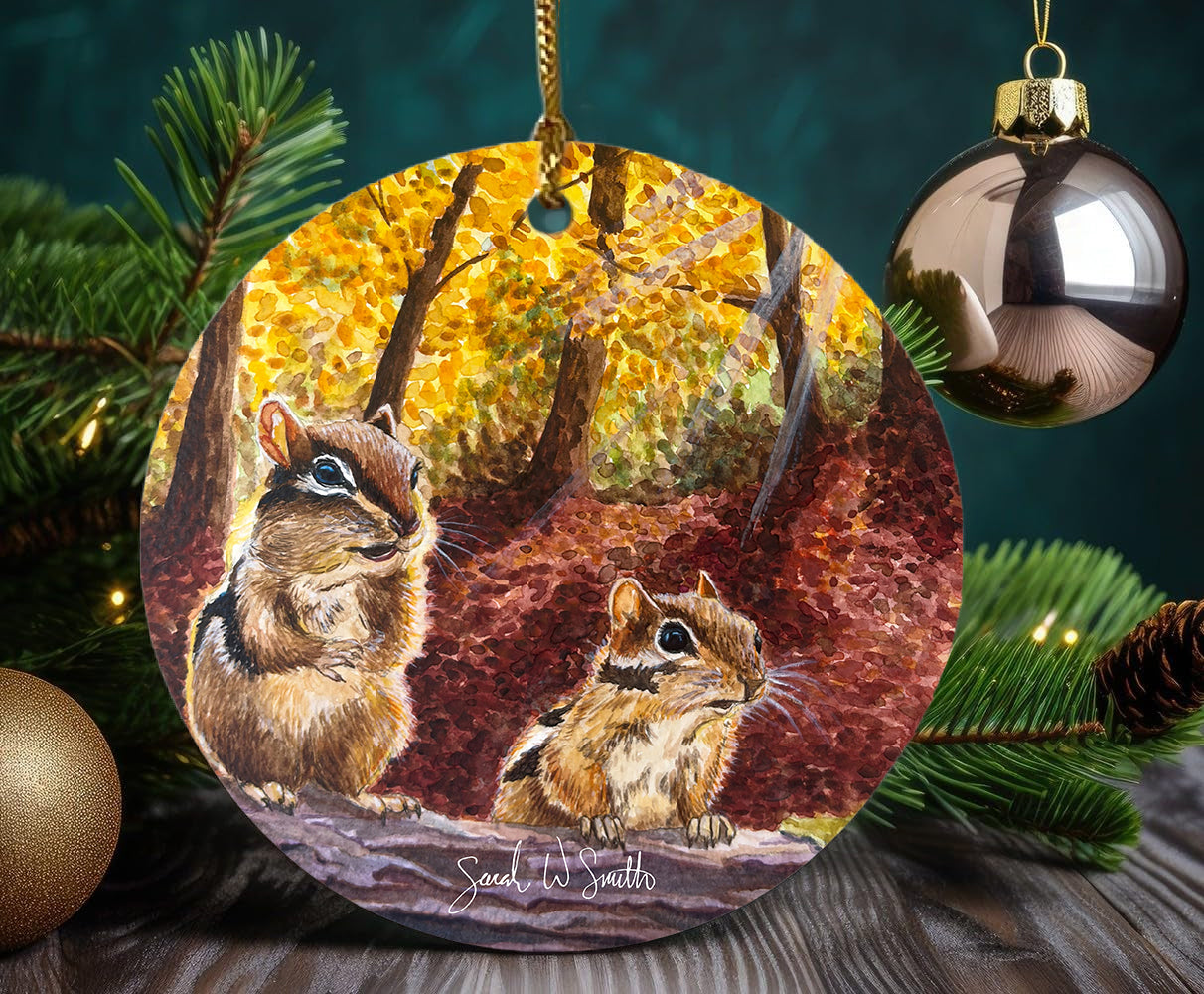 Chipmunk Christmas Tree Ornament & Holiday Decor Ceramic Ornament Watercolor Art from Sarah Webster Smith