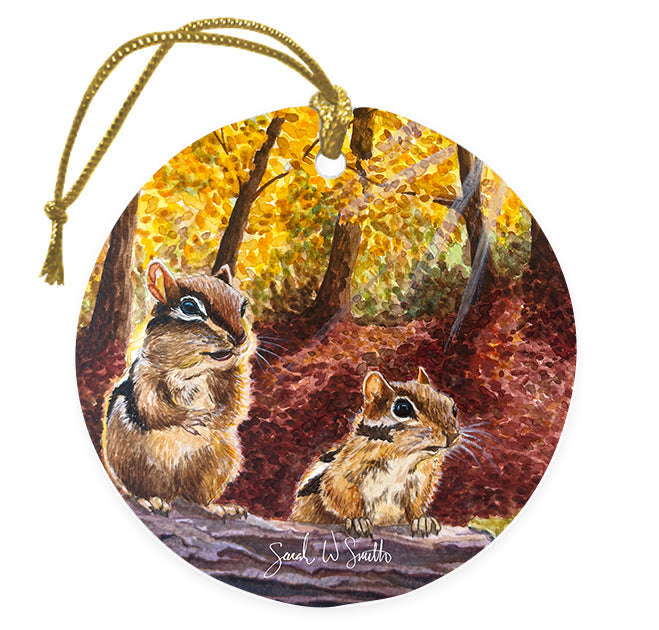 Chipmunk Christmas Tree Ornament & Holiday Decor Ceramic Ornament Watercolor Art from Sarah Webster Smith
