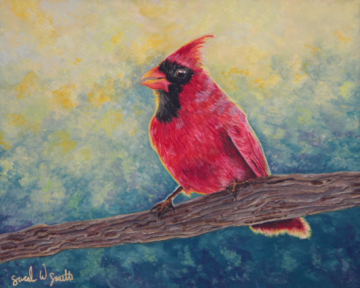 Cardinal Watercolor Painting Little Forest Bird Original Art Pine Tree Woodland Wall Art by Sarah Webster Smith