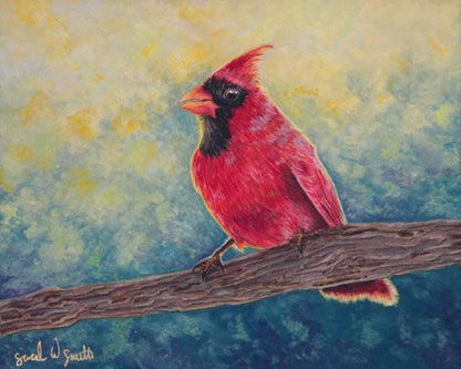 Cardinal Watercolor Painting Little Forest Bird Original Art Pine Tree Woodland Wall Art by Sarah Webster Smith