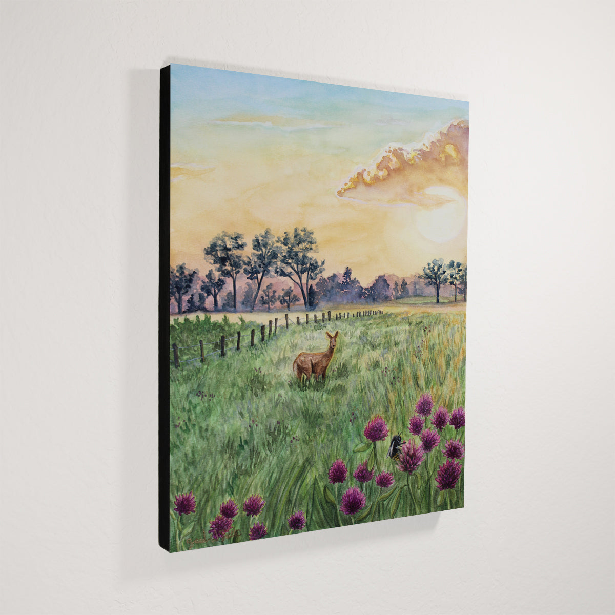 Deer in Meadow Landscape Wild Flowers at Dawn "Morning's Gentle Whisper" Original Watercolor Wall Art By Sarah Webster Smith