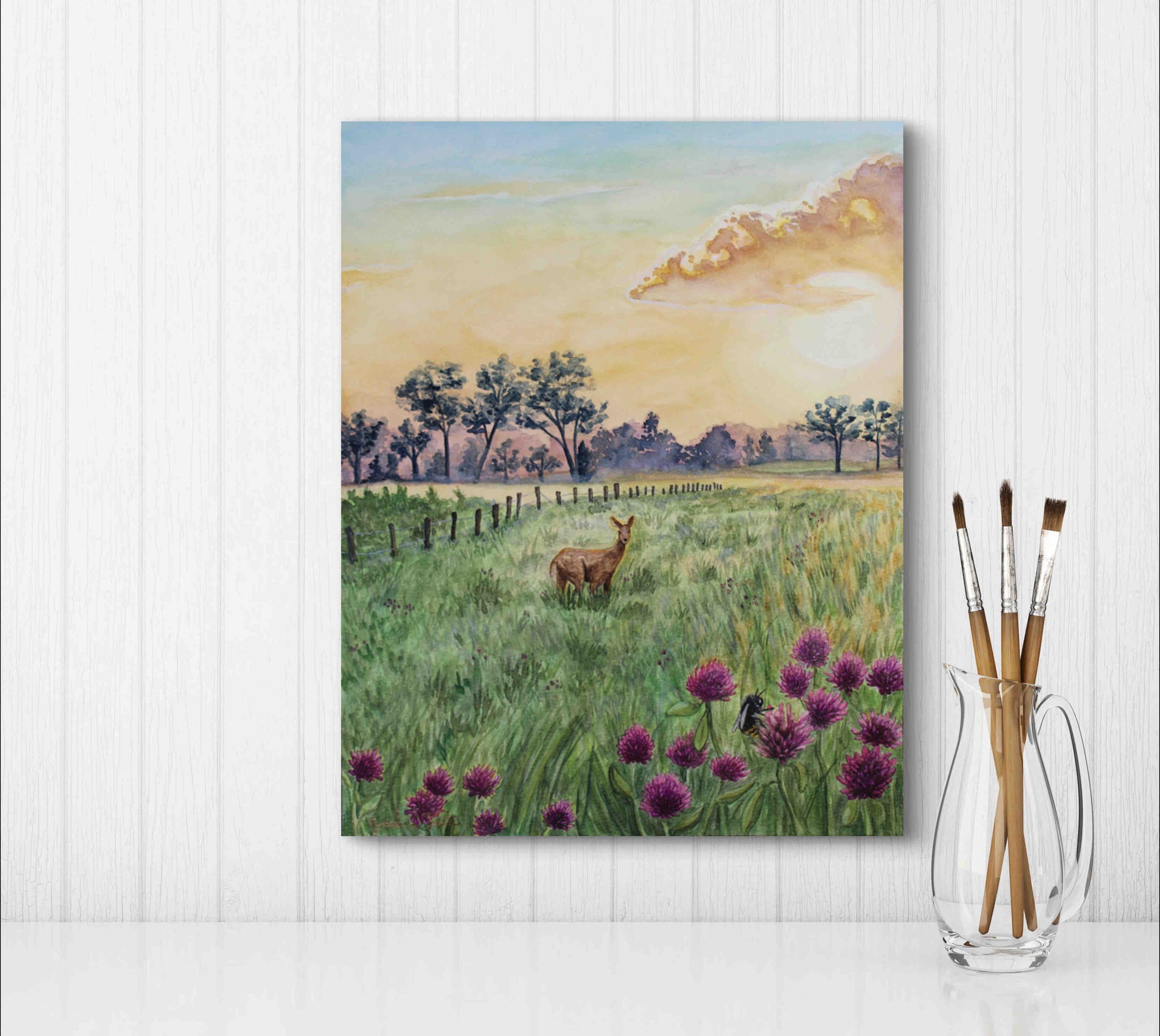 Deer in Meadow Landscape Wild Flowers at Dawn "Morning's Gentle Whisper" Original Watercolor Wall Art By Sarah Webster Smith