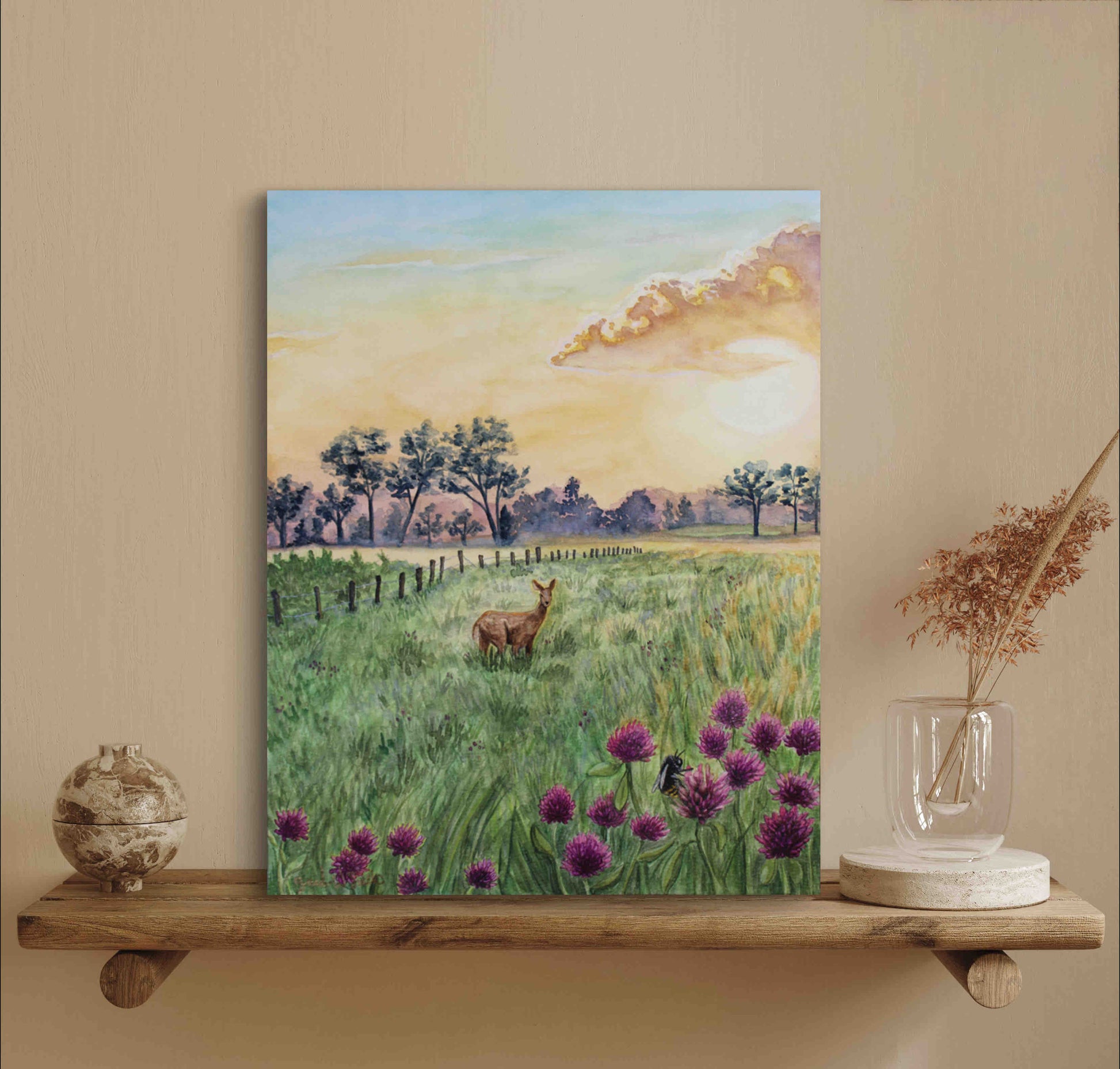 Deer in Meadow Landscape Wild Flowers at Dawn "Morning's Gentle Whisper" Original Watercolor Wall Art By Sarah Webster Smith