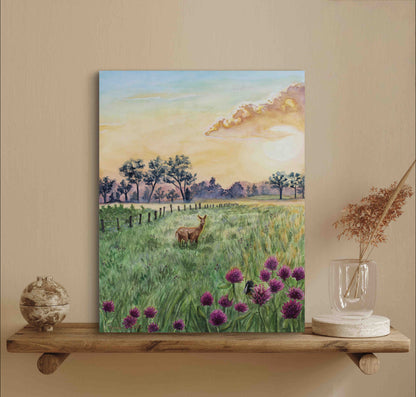 Deer in Meadow Landscape Wild Flowers at Dawn "Morning's Gentle Whisper" Original Watercolor Wall Art By Sarah Webster Smith