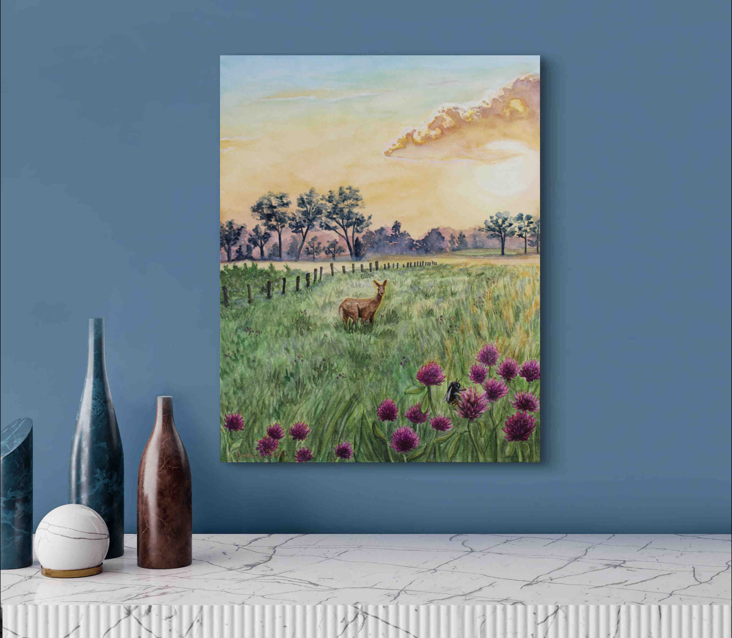 Deer in Meadow Landscape Wild Flowers at Dawn "Morning's Gentle Whisper" Original Watercolor Wall Art By Sarah Webster Smith